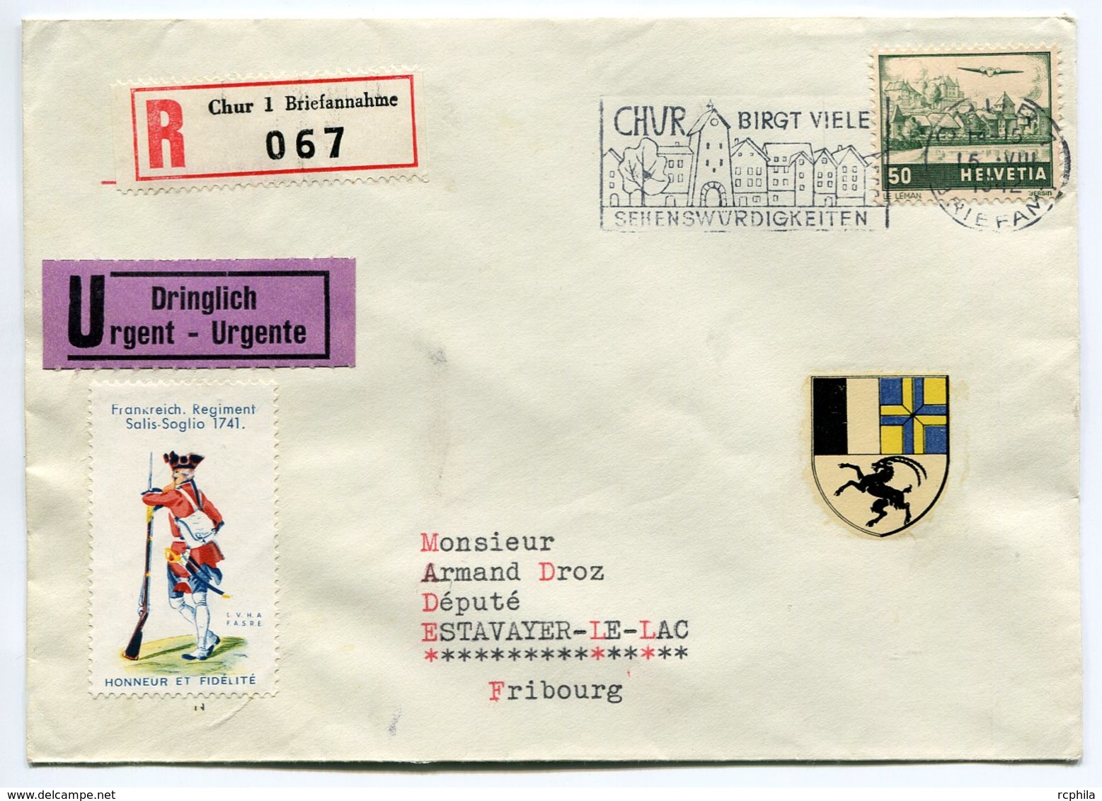 RC 10408 SUISSE 1942 LETTRE CHUR AVEC VIGNETTE AVEC VIGNETTE SOLDAT FRANÇAIS 1741 TB - Poststempel