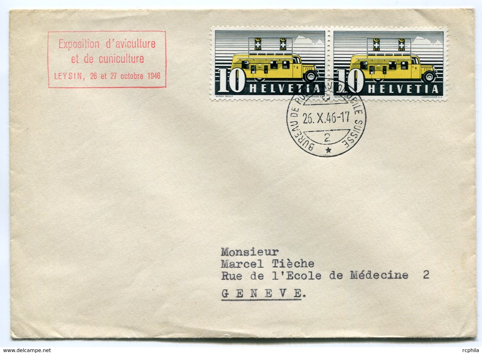 RC 10409 SUISSE 1946 LETTRE POSTE AUTOMOBILE + EXPOSITION D'AVICULTURE ET DE CUNICULTURE TB - Postmark Collection