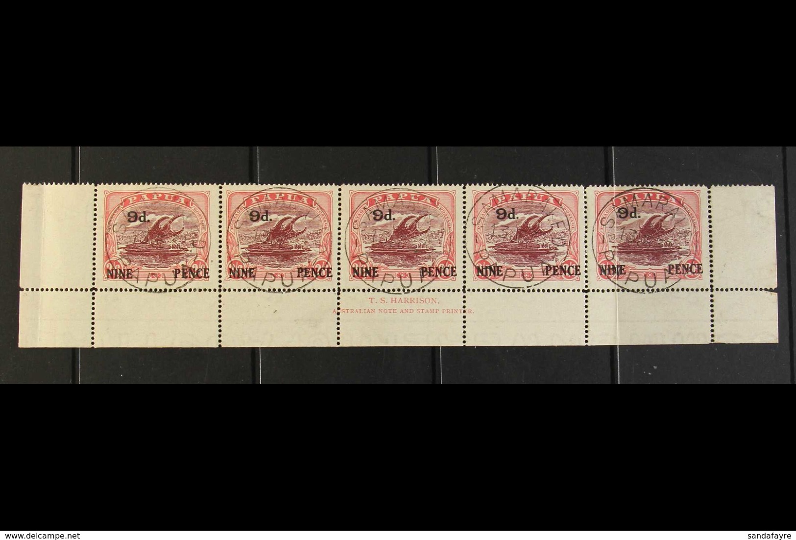 1931 9d On 2s6d Maroon And Pale Pink Harrison Printing, SG 124, Complete Lower Row Of The Sheet Showing Harrison Imprint - Papouasie-Nouvelle-Guinée