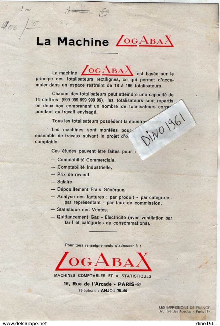 VP13.381- Pub - Informatique - Société LogAbax à PARIS Rue De L'Arcade - La Machine A Totalisateurs Rectilignes - Publicités