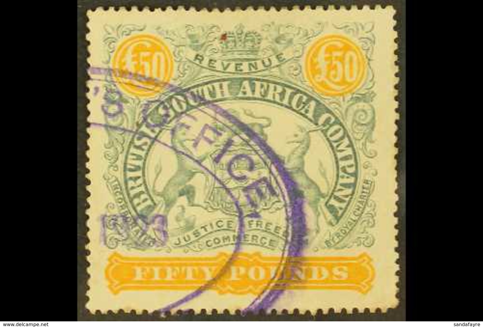 REVENUE STAMPS 1897 £50 Grey-green And Orange, Barefoot 12, Fine Used With Violet Oval Cancel (without Perfin). Scarce T - Autres & Non Classés