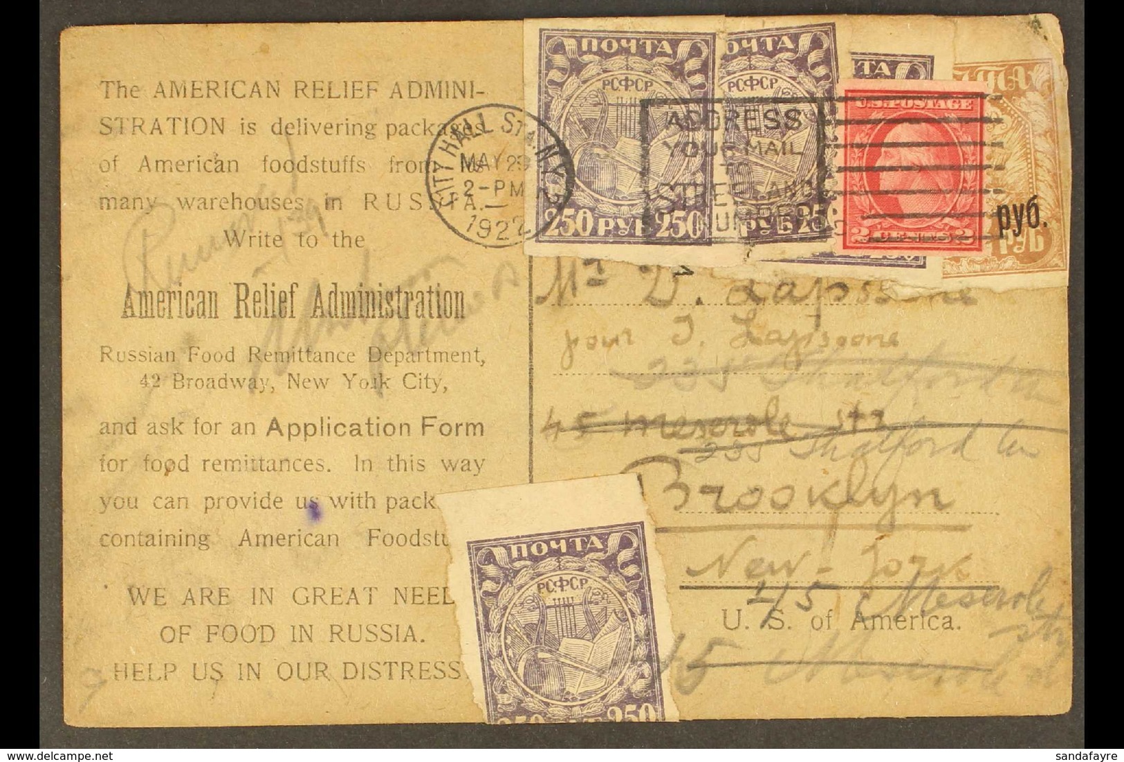 1922 "American Relief Administration" Printed Card To New York Bearing (overlapping) 250r (SG 216) X 4, Plus 5000r On 2r - Sonstige & Ohne Zuordnung