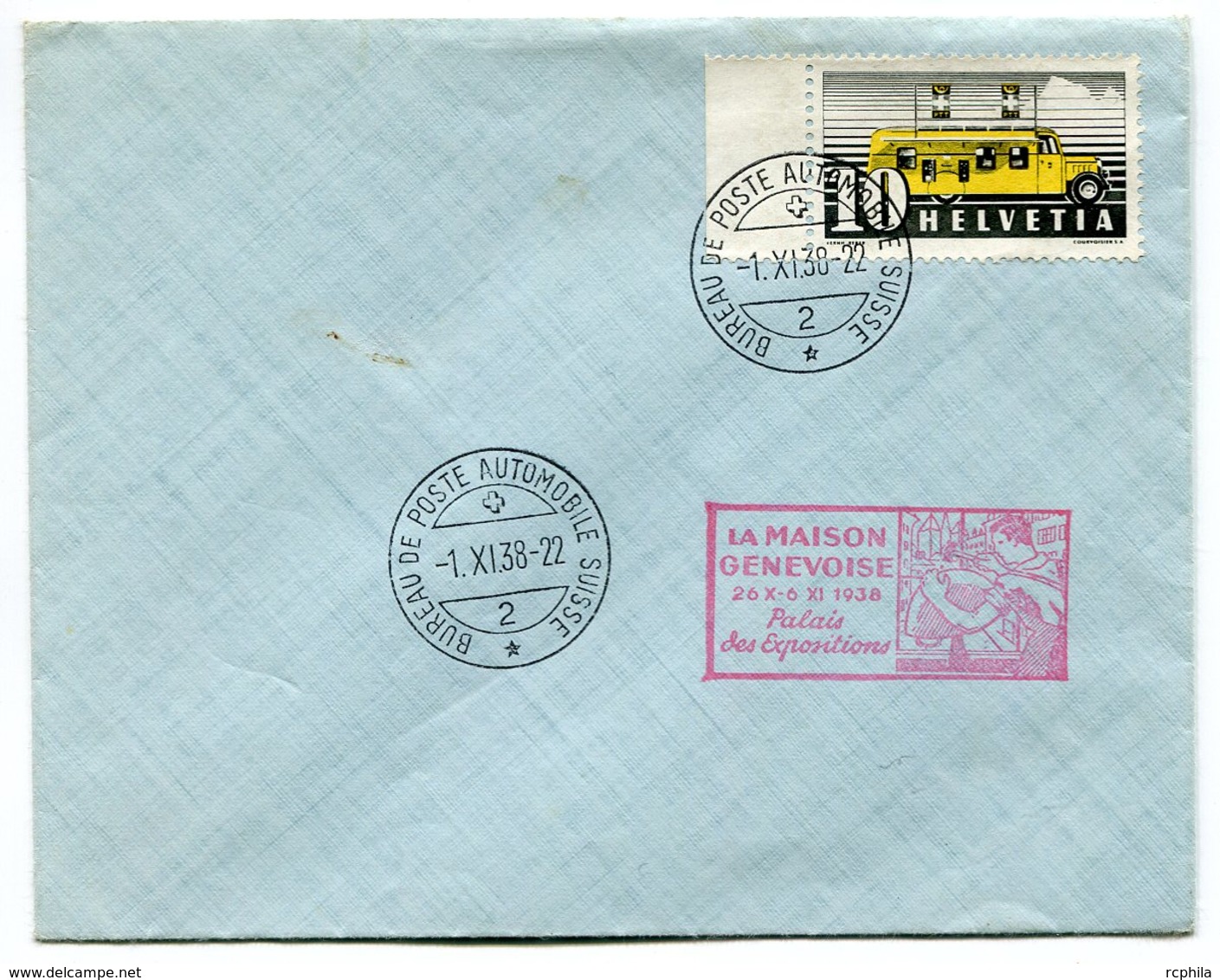 RC 10410 SUISSE 1938 LETTRE POSTE AUTOMOBILE + MAISON GENEVOISE PALAIS DES EXPOSITIONS TB - Postmark Collection