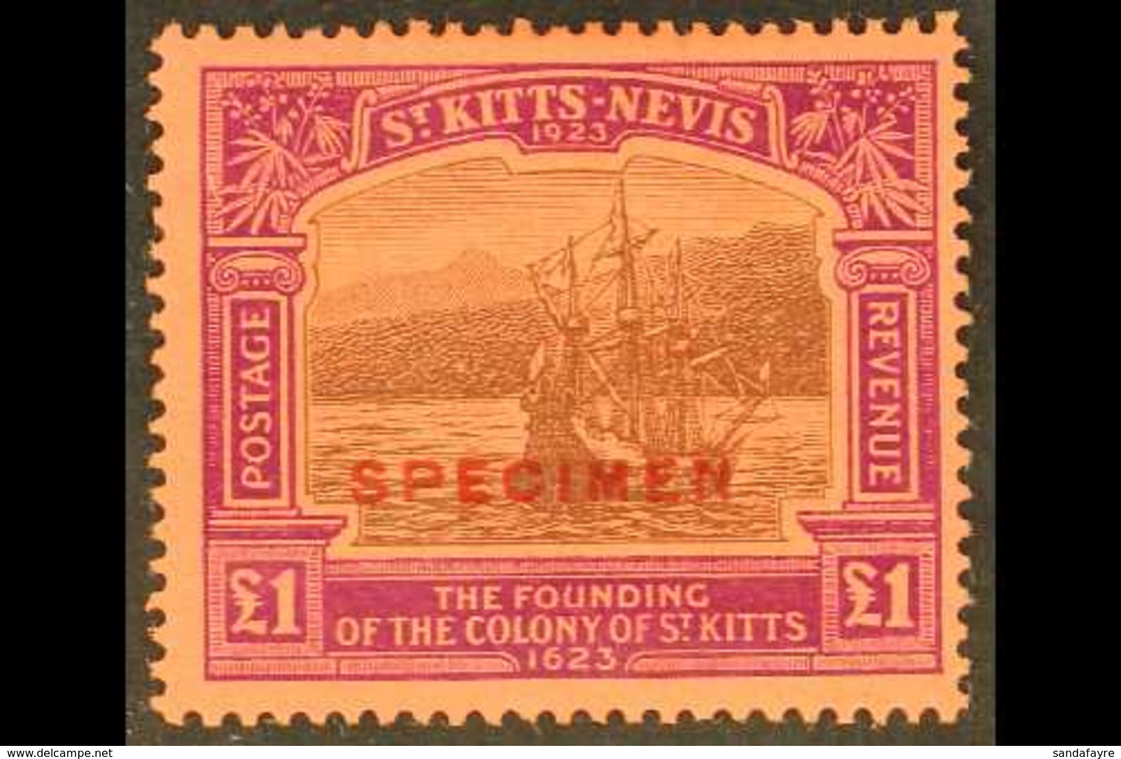 1923 £1 Black & Purple/red, MCA Wmk, SPECIMEN Overprinted, SG 60s, Very Fine Lightly Hinged Mint For More Images, Please - St.Kitts And Nevis ( 1983-...)