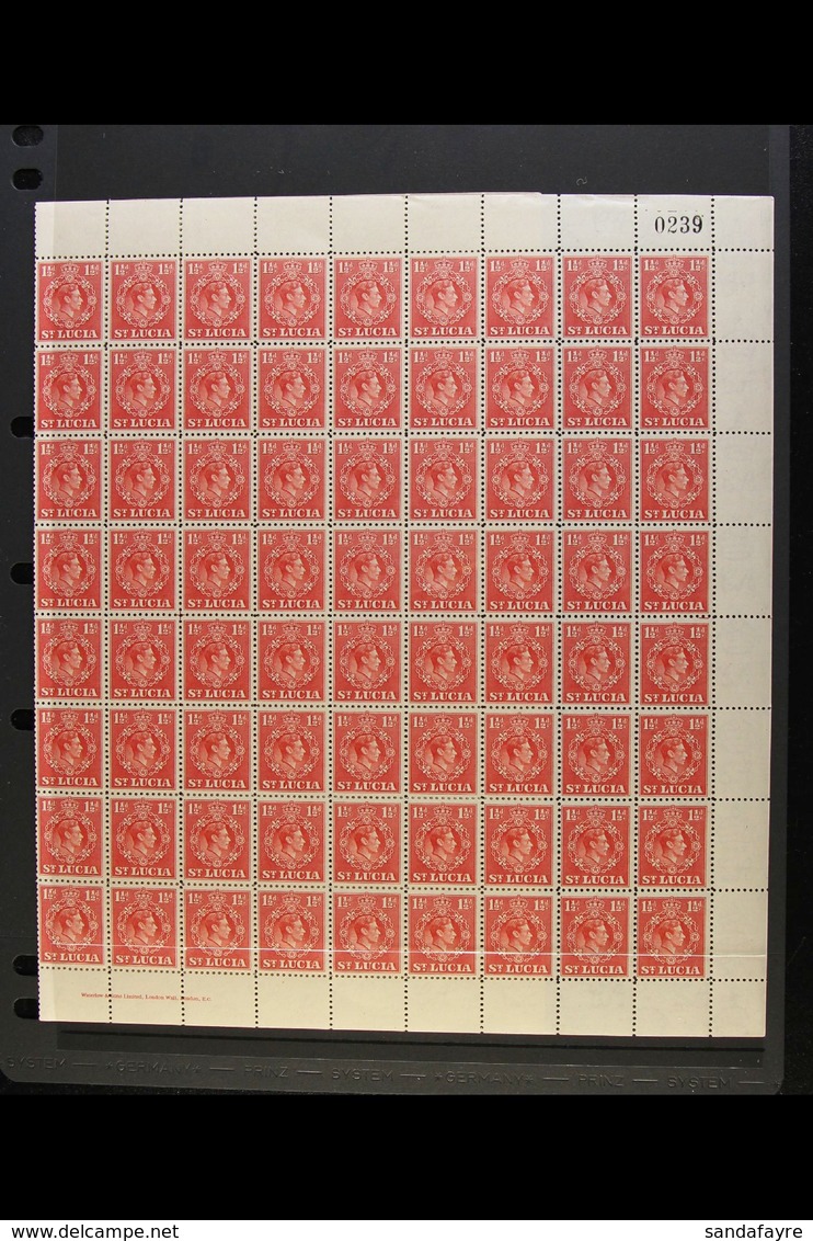 1943 1½d Scarlet, Perf 12½, SG 130a, Very Fine Never Hinged Mint COMPLETE SHEET Of 120 With Full Margins All Round And W - Ste Lucie (...-1978)