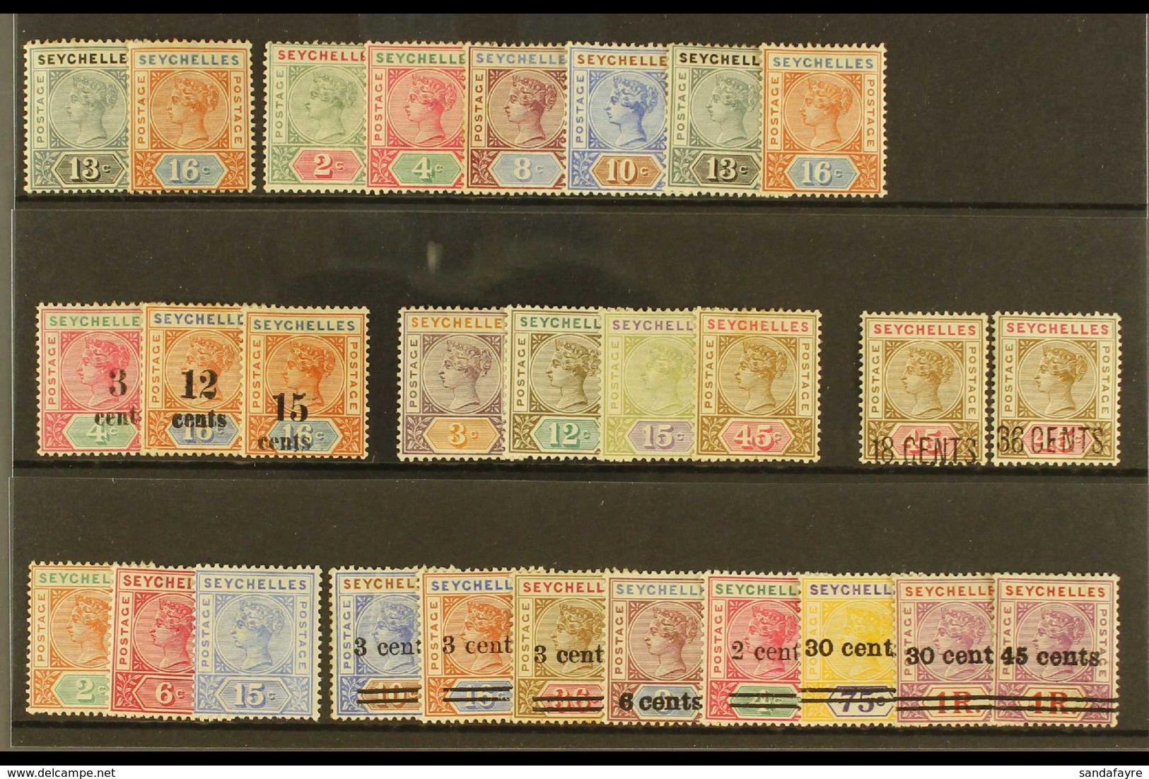 1890-1902 QV MINT ALL DIFFERENT SELECTION Presented On A Stock Card & Includes Ranges To 45c & Surcharges To 45c On 1r,  - Seychellen (...-1976)