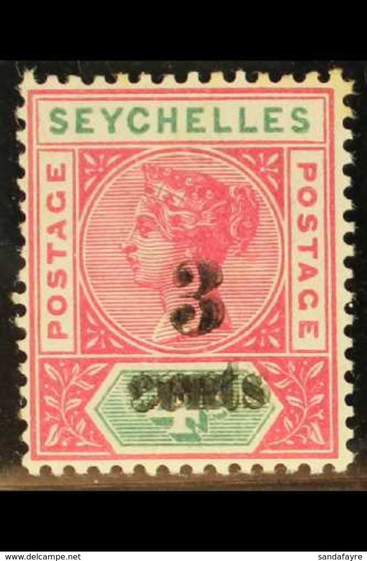 1893 3c On 4c Carmine And Green, Surcharge Double, SG 15b, Mint With Some Toning, Royal Certificate. For More Images, Pl - Seychellen (...-1976)