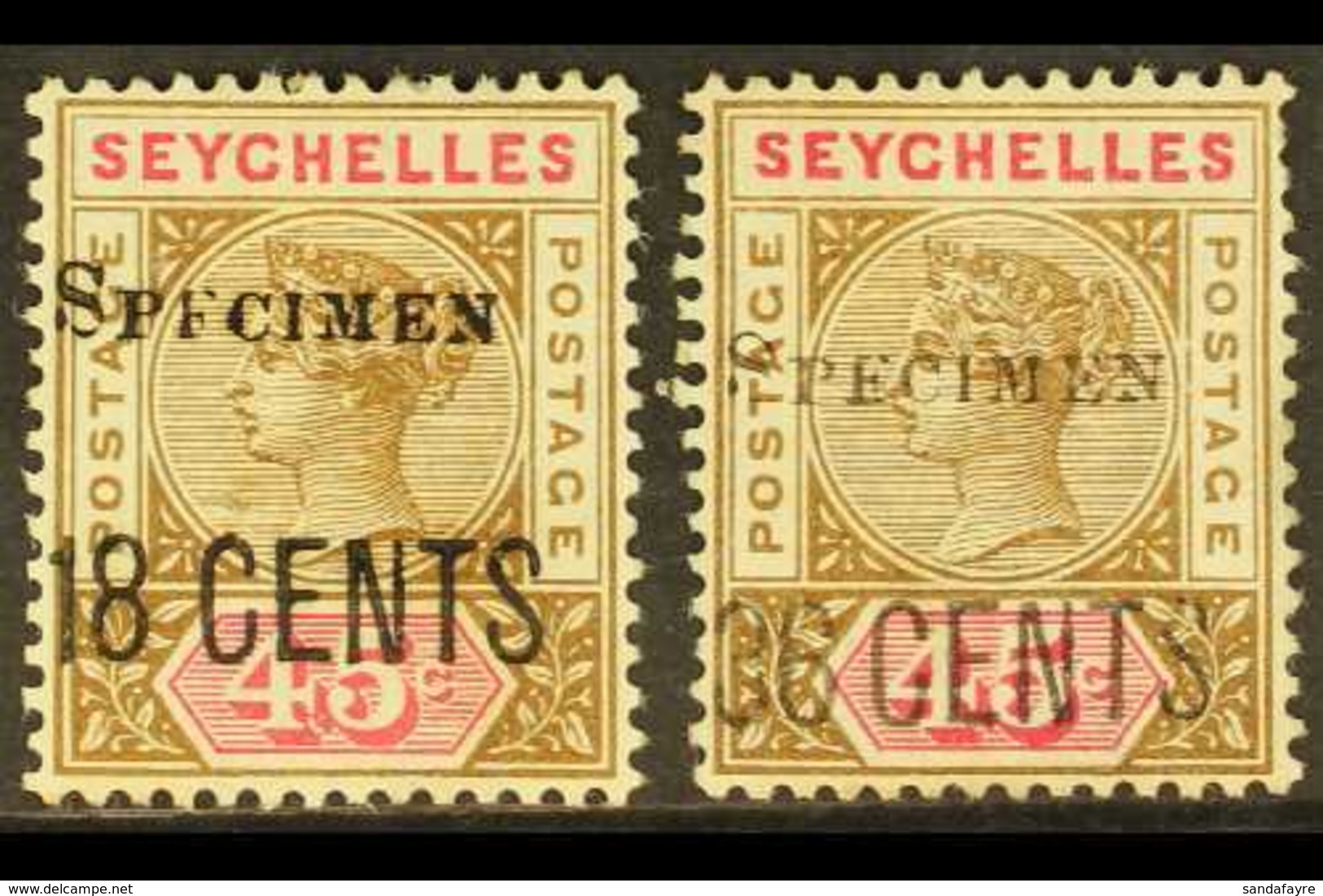 1896 18c On 45c And 36c On 45c, Overprinted "SPECIMEN", SG 26/27s, Fine Mint. (2 Stamps) For More Images, Please Visit H - Seychellen (...-1976)
