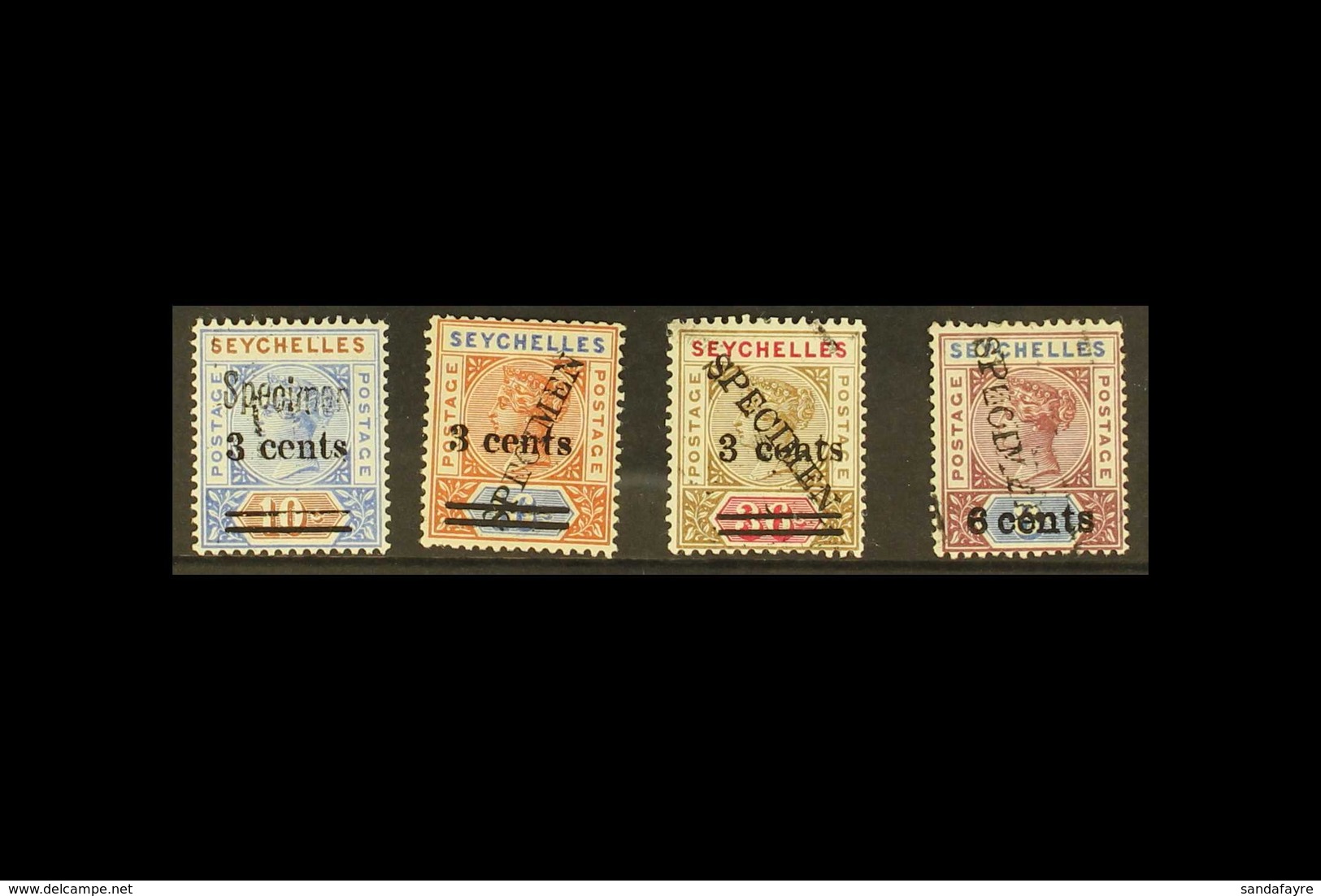 1901 Surcharges Set Handstamped "SPECIMEN", SG 37/40, Fine Mint, The 3c On 36c Without Gum. (4 Stamps) For More Images,  - Seychelles (...-1976)