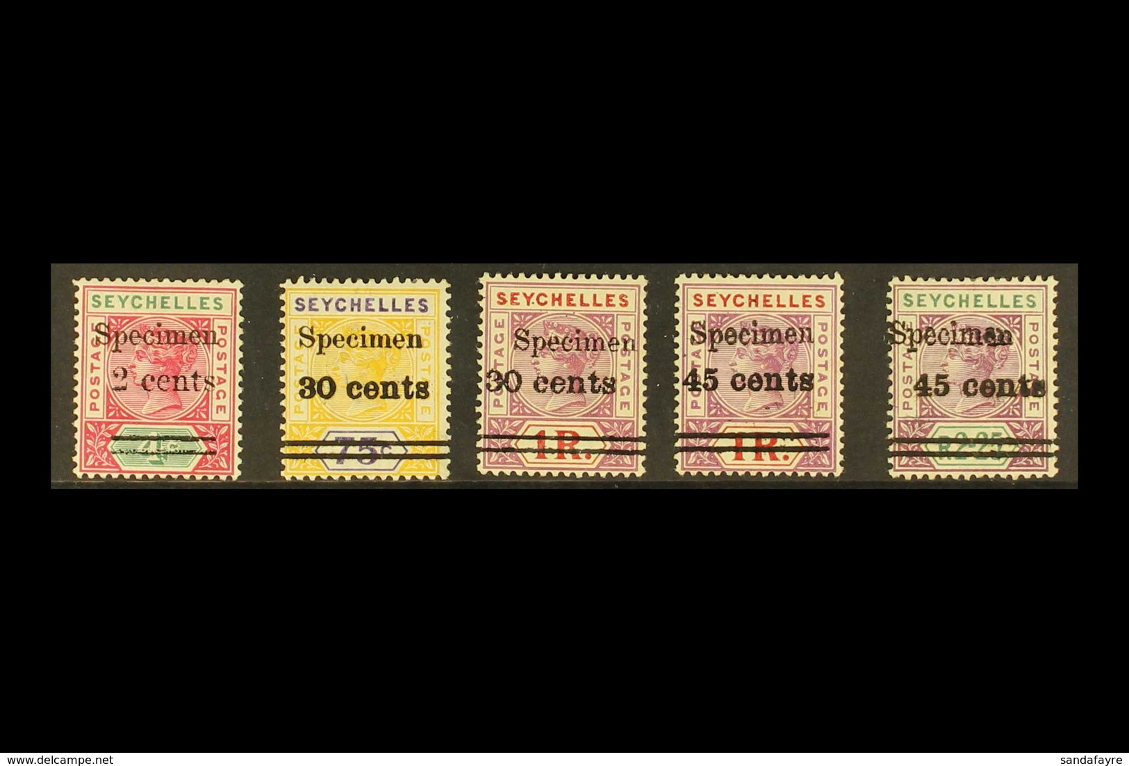 1902 Surcharges Set Overprinted "SPECIMEN", SG 41/45s, Fine Mint. (5 Stamps) For More Images, Please Visit Http://www.sa - Seychellen (...-1976)