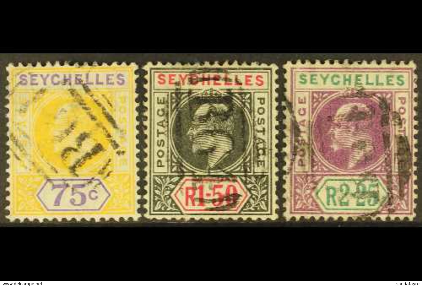 1906 75c, 1r.50 And 2r.25, SG 68/70 With B64 Cancels. (3 Stamps) For More Images, Please Visit Http://www.sandafayre.com - Seychellen (...-1976)