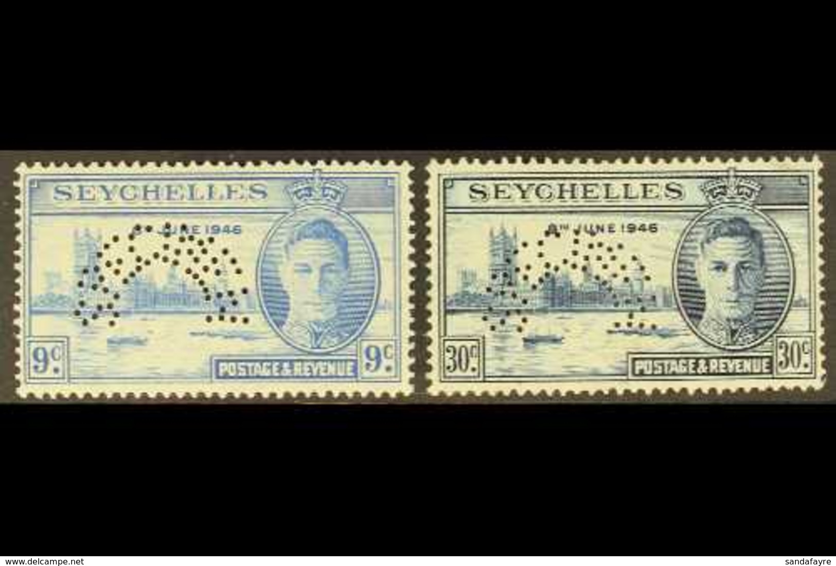 1946 Victory Set, Perf. "SPECIMEN", SG 150/151s, Fine Mint. (2 Stamps) For More Images, Please Visit Http://www.sandafay - Seychellen (...-1976)