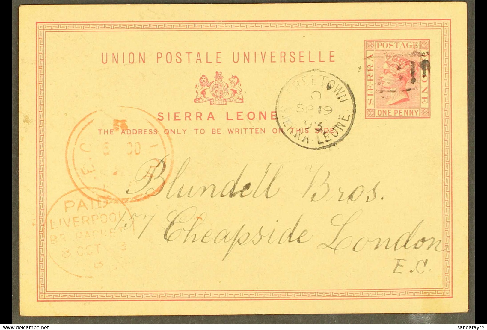 1893 (Sept) 1d Stationery Card To London, Cancelled B31 With Freetown Cds Alongside, Liverpool Br. Packet Red Cds At Lef - Sierra Leone (...-1960)