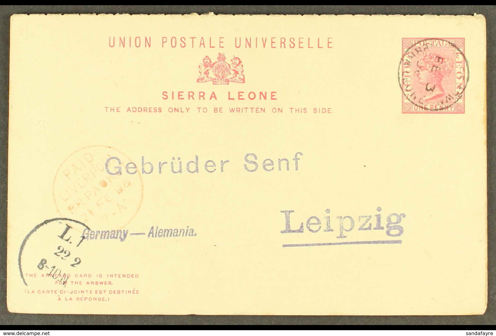 1896 (Feb) 1d + 1d Reply Card To Senf In Germany, Tied Freetown Cds, Red Liverpool Br. Packet Cds And Arrival Mark At Le - Sierra Leone (...-1960)