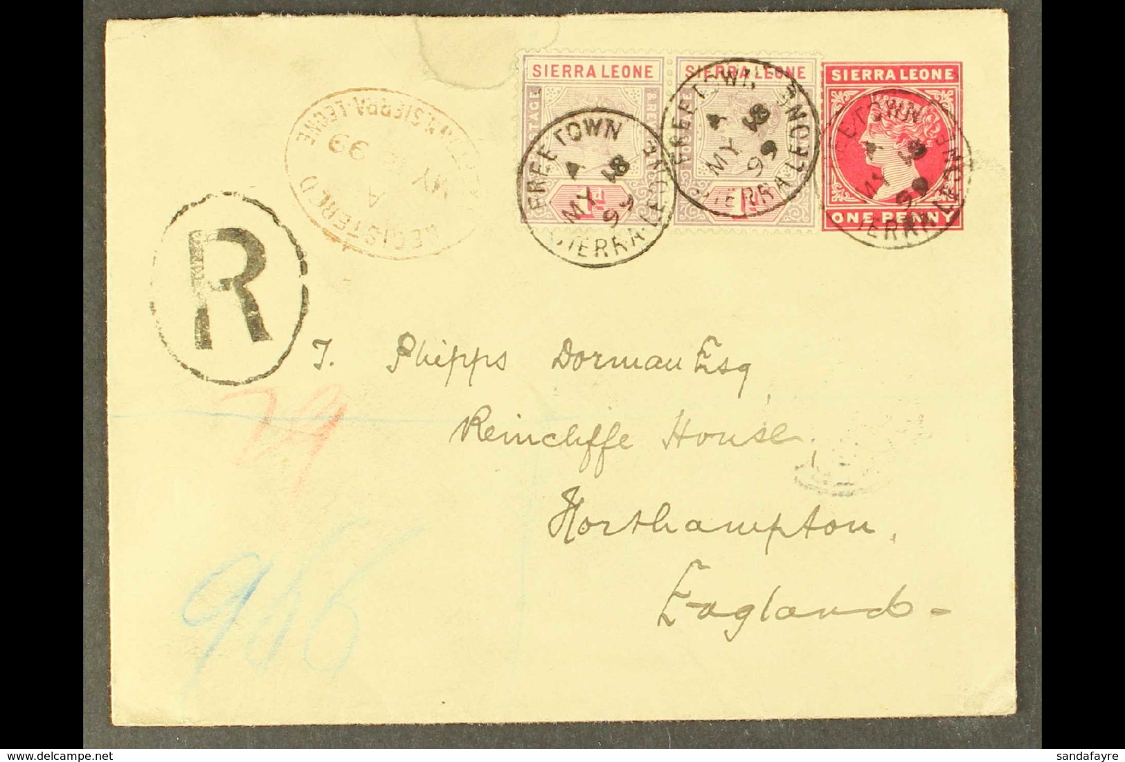 1899 (May) 1d Stationery Envelope Registered To England, Bearing Additional 1d Pair, Tied Freetown Cds's, Oval Registere - Sierra Leone (...-1960)