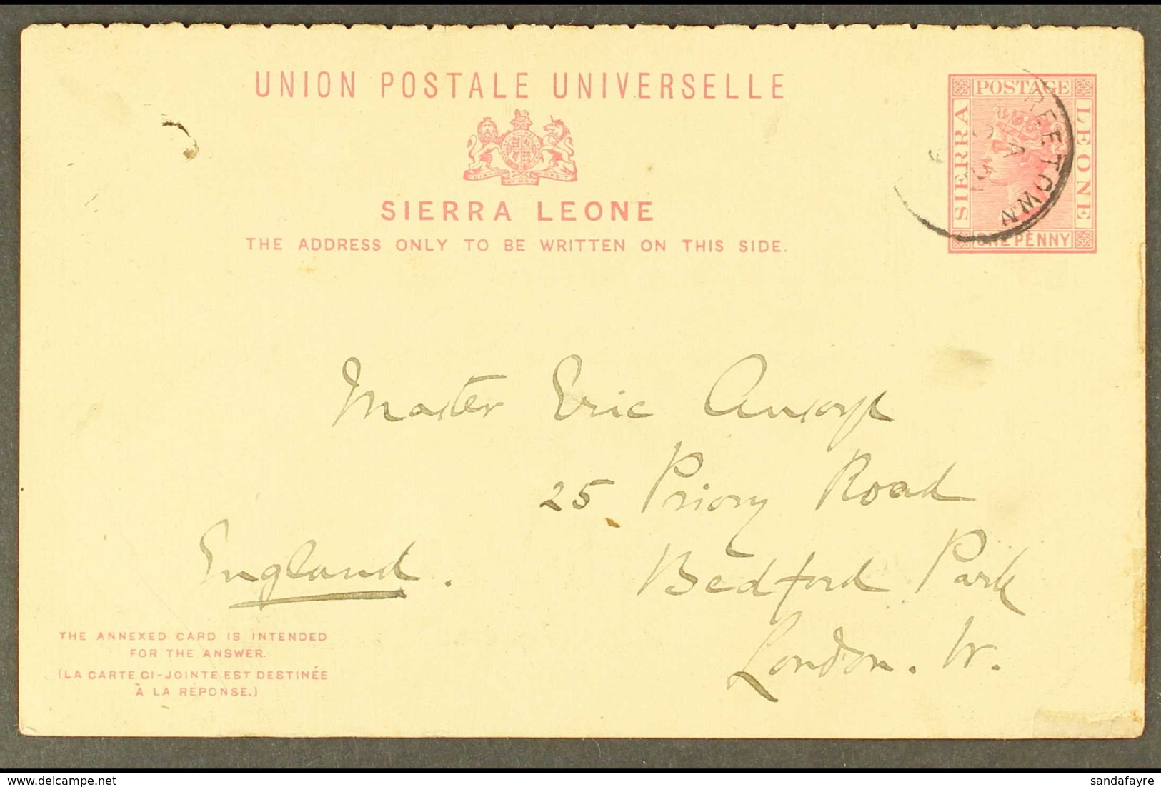 1899 (Oct) 1d Reply Card Top Portion Headed "On Board The Batanga", Posted Freetown To London. For More Images, Please V - Sierra Leone (...-1960)