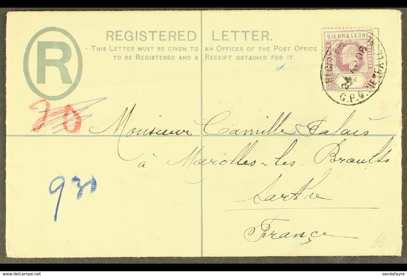 1908 (April) KE7 2d Registered Envelope  To France, Bearing Additional 3d (SG 91) Tied Oval "REGISTERED G.P.O. SIERRA LE - Sierra Leone (...-1960)
