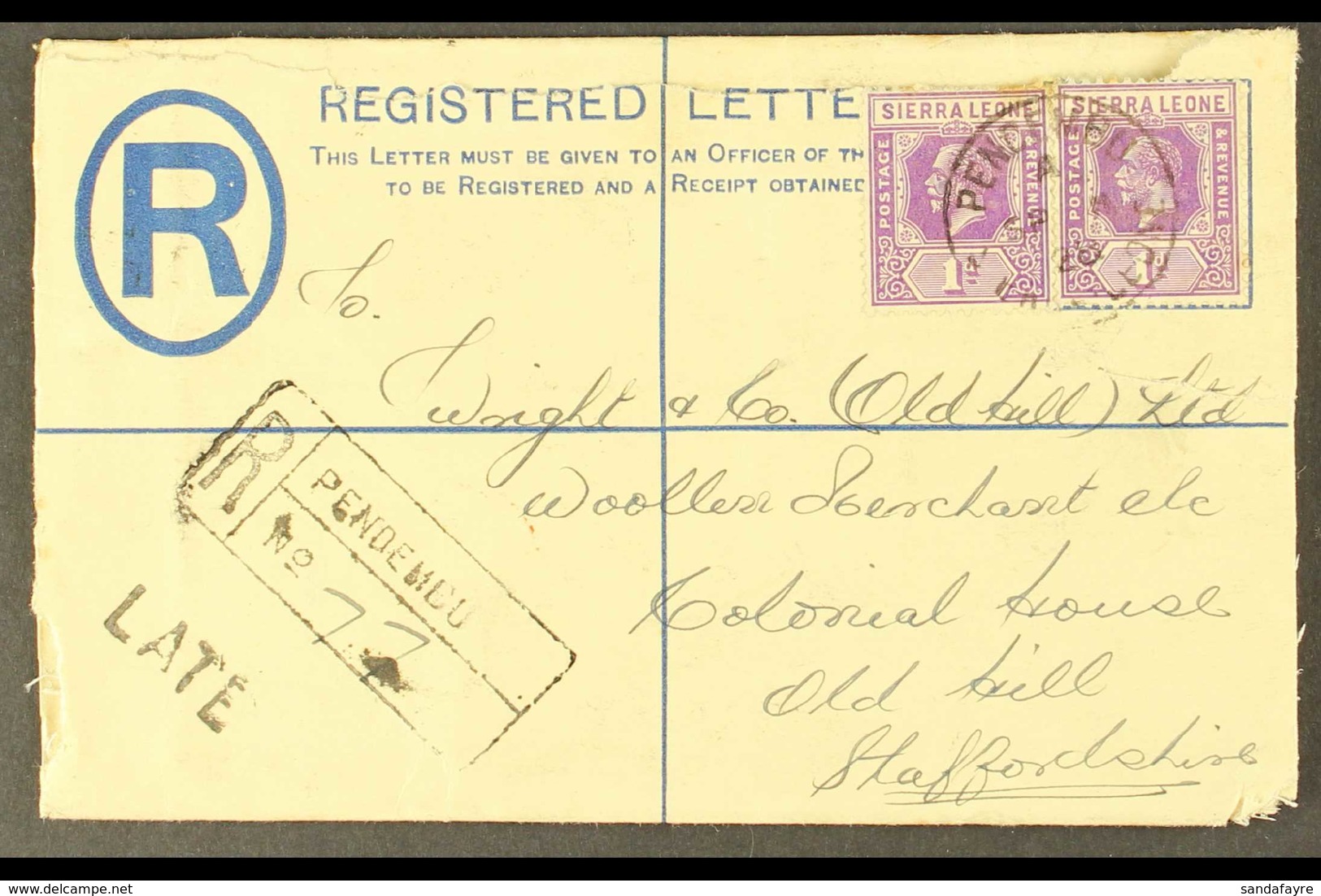 1928 (Sept) 3d Registered Envelope (opened Out For Display) With 1d Pair, Pendembu To England, And Showing Scarce "LATE" - Sierra Leone (...-1960)
