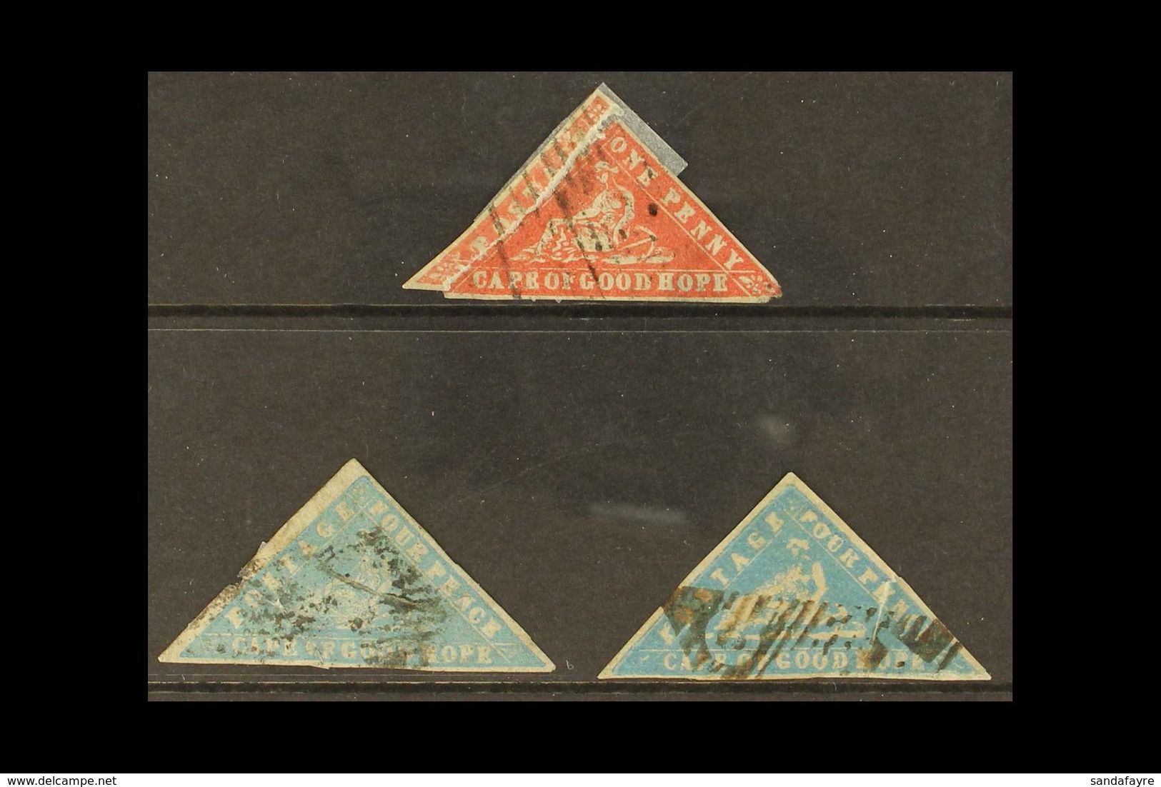 CAPE OF GOOD HOPE 1861 Woodblock Triangulars 1d Vermilion, 4d Pale Milky Blue, And 4d Pale Bright Blue, SG 13, 14, 14b,  - Unclassified