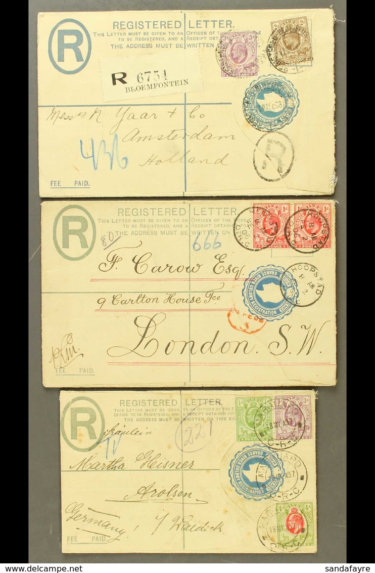 ORANGE RIVER COLONY 1906-1908 Three Used Postal Stationery 4d Registered Envelopes Addressed To England, Germany & Nethe - Ohne Zuordnung