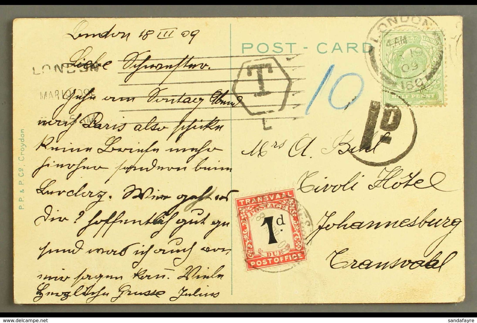 TRANSVAAL 1909 (19 Mar) GB Picture Postcard Of London Bridge To Johannesburg, Bearing KEVII ½d Tied By London Cds, 1d To - Unclassified