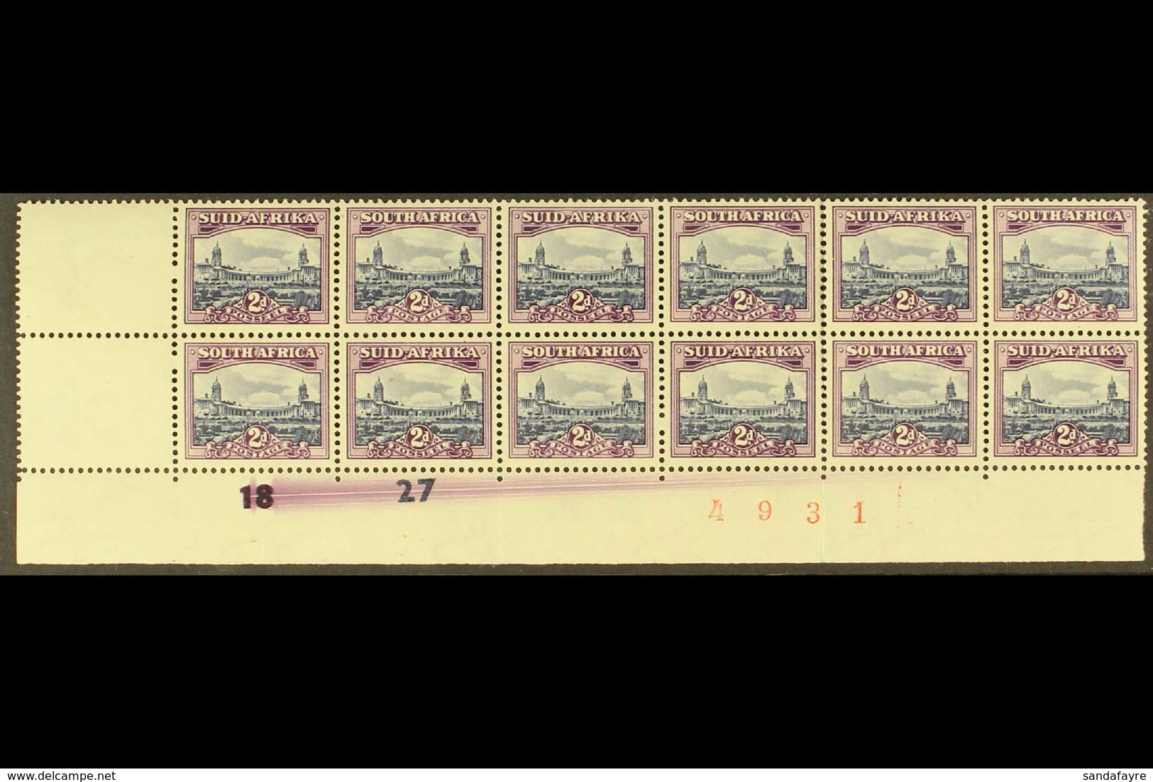 1950-1 2d Blue & Violet, Cylinder & Sheet Number Block Of 12 With INK DRAG In Margin, SG 134, Perfs Split Vertically Aft - Zonder Classificatie