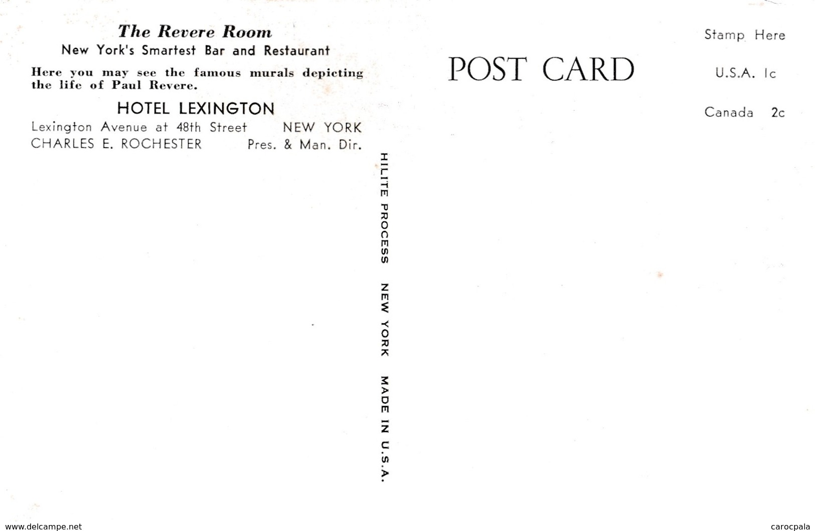 Carte 1920 REVERE ROOM / HOTEL LEXINGTON / NEW YORK - Cafés, Hôtels & Restaurants