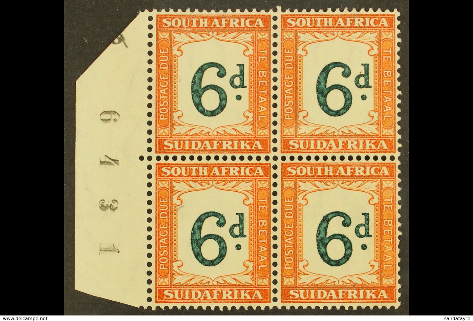 POSTAGE DUES 1932-42 6d Green & Brown-ochre, SHEET NUMBER Block Of 4, SG D29a, Never Hinged Mint. For More Images, Pleas - Zonder Classificatie
