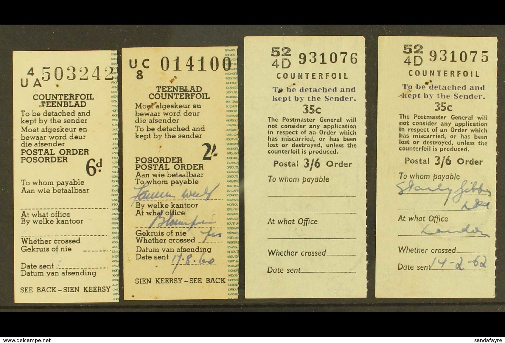 POSTAL ORDER COUNTERFOILS Group Incl. Two Union Type 6d & 2s Values With "Ramsgate" 9.8.60 C.d.s. On Reverse And GB Type - Non Classificati