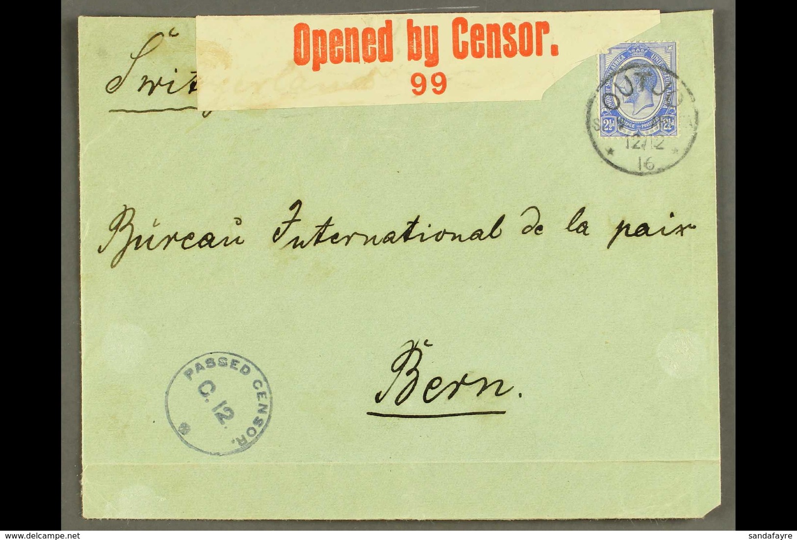 1916 (12 Feb) Env To Switzerland Bearing 2½d Union Stamp Tied By "OUTJO" Cds Cancel, Putzel Type B4 Oc, Circular Censor  - South West Africa (1923-1990)