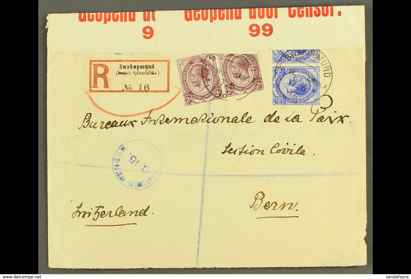 1916 (28 Jul) Registered Cover ("Deutsch" Obliterated From Reg Label) From Swakopmund To Berne (the Bureaux Internationa - South West Africa (1923-1990)