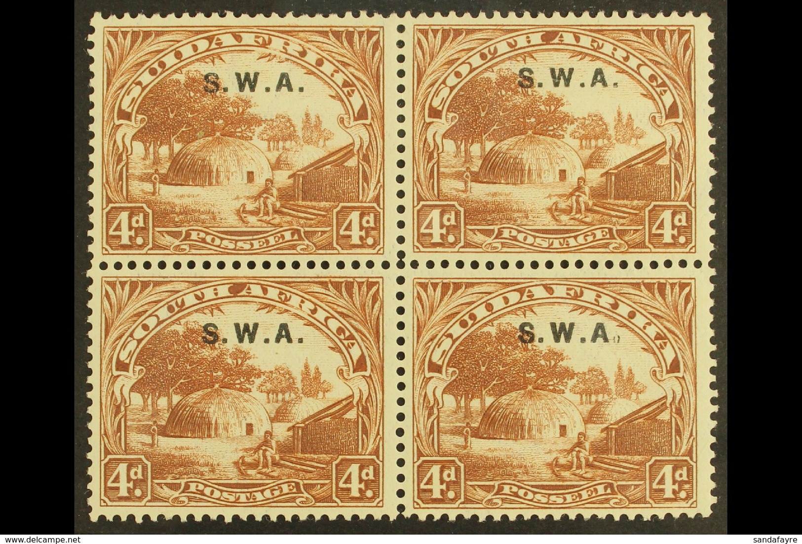 1927-30 4d Brown, Perf.14x13½, Broken Stop After "A" Variety, SG 62b, Very Fine/never Hinged Mint Block Of 4. For More I - Afrique Du Sud-Ouest (1923-1990)