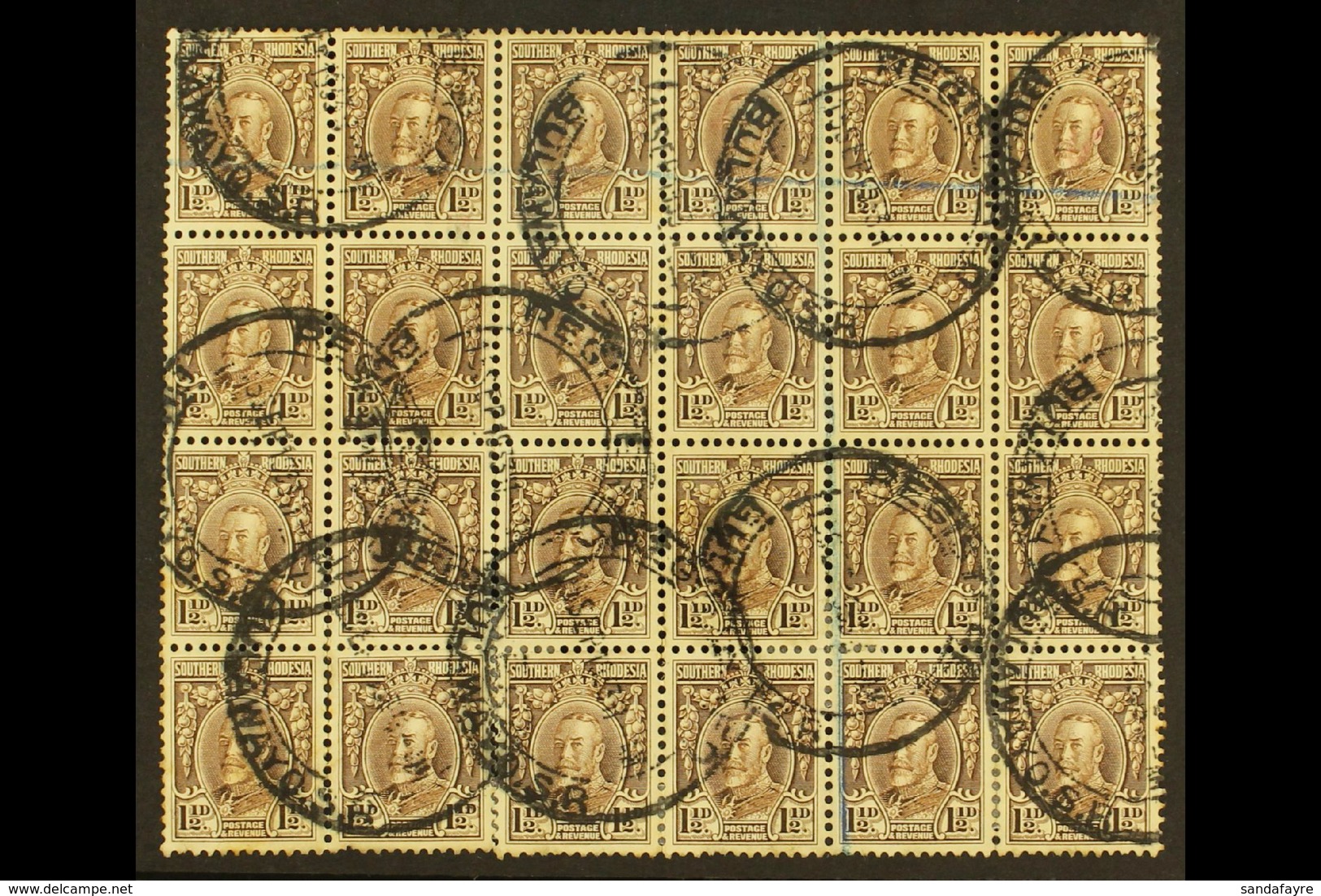1931-7 1½d Chocolate, Perf.11½, Block Of 24, SG 16d, Genuinely Used With 1933 "REGISTRATION / BULAWAYO S.R." Cancels And - Southern Rhodesia (...-1964)