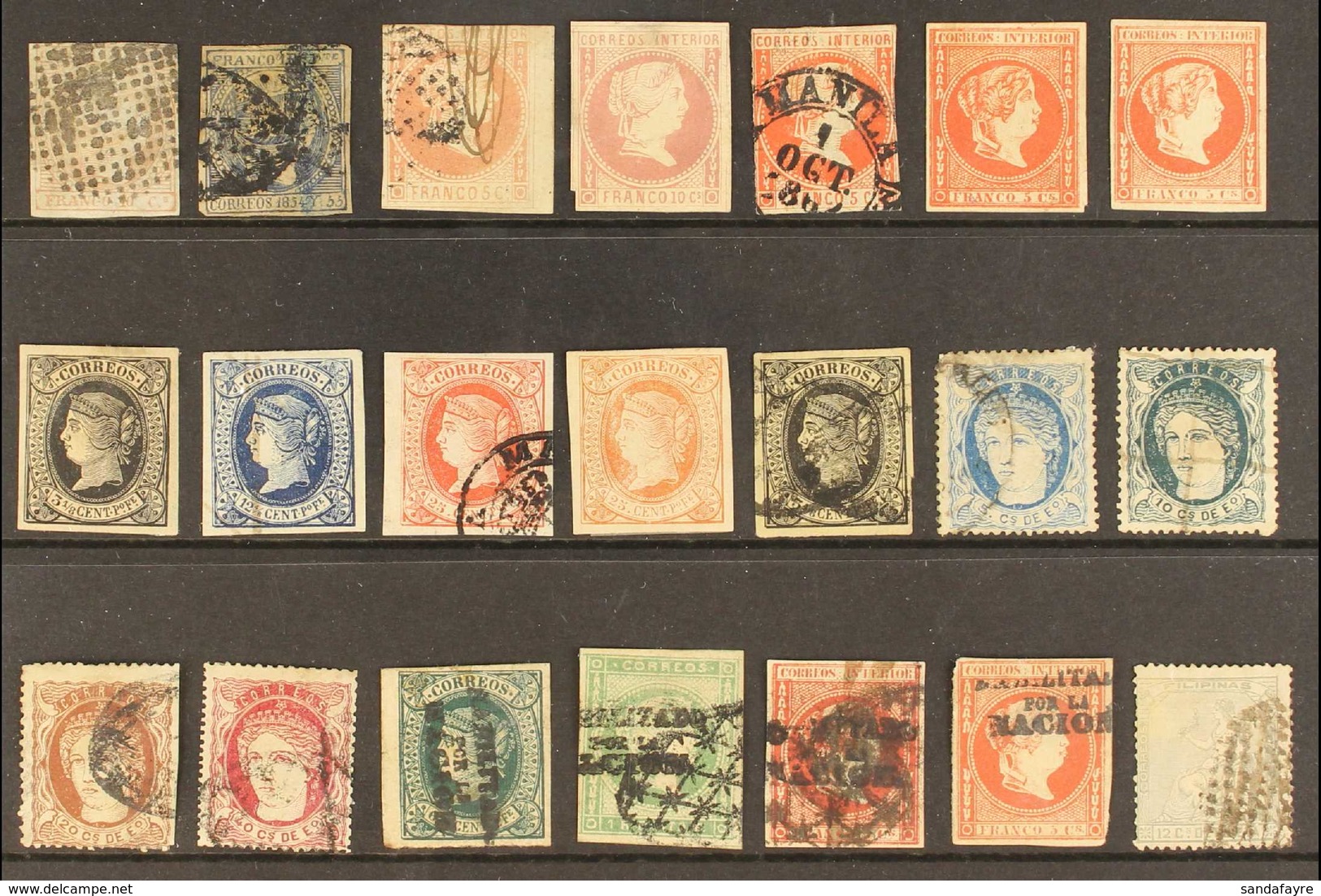 PHILIPPINES 1854-1874 SELECTION From An Old Collection On A Stock Card, Includes 1854 10c (four Margins, Good Condition, - Other & Unclassified