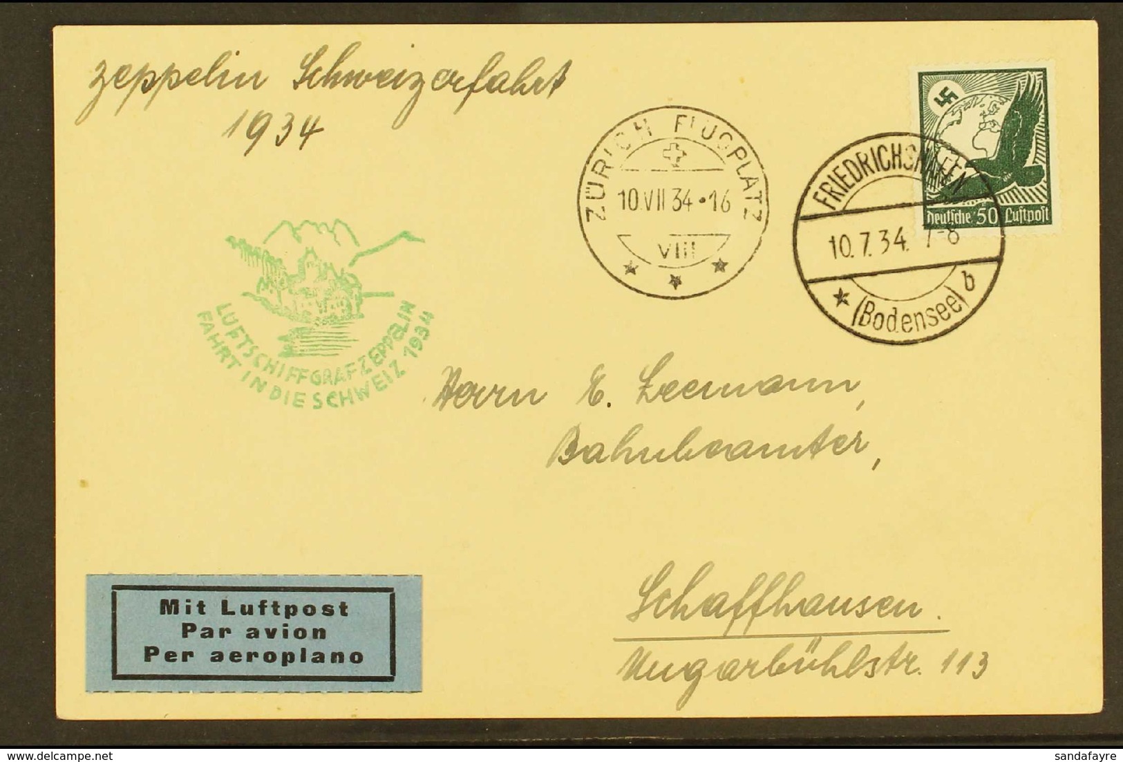 1934 Zeppelin Switzerland Flight Card, Franked 50pf "Eagle" Tied By Friedrichshafen Cds With Zurich Arrival And Green Ze - Sonstige & Ohne Zuordnung
