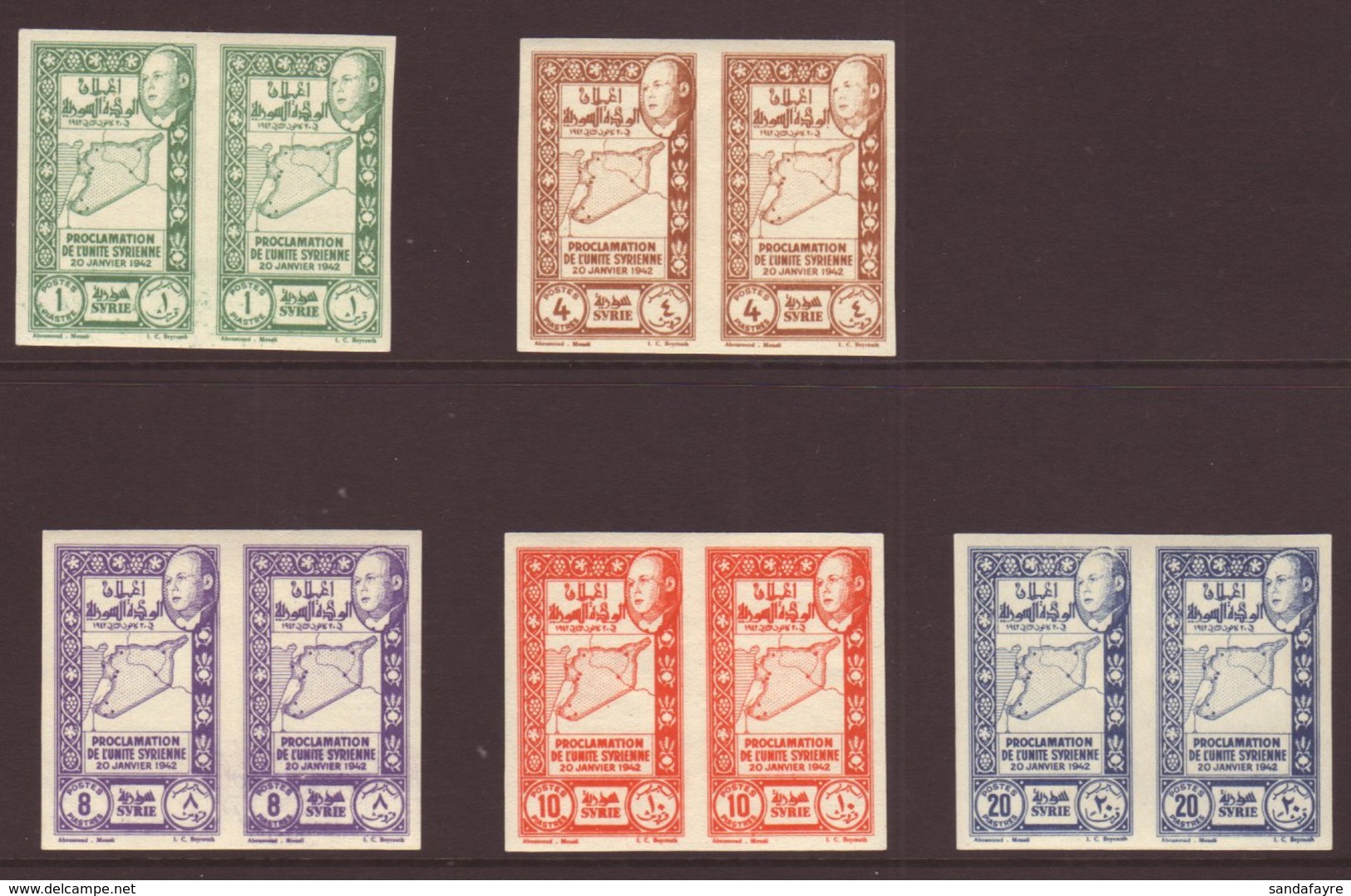 1943 Proclamation Of Unity Set, Variety "imperf", Maury 283/7, In Superb Horizontal Pairs. (10 Stamps) For More Images,  - Syria