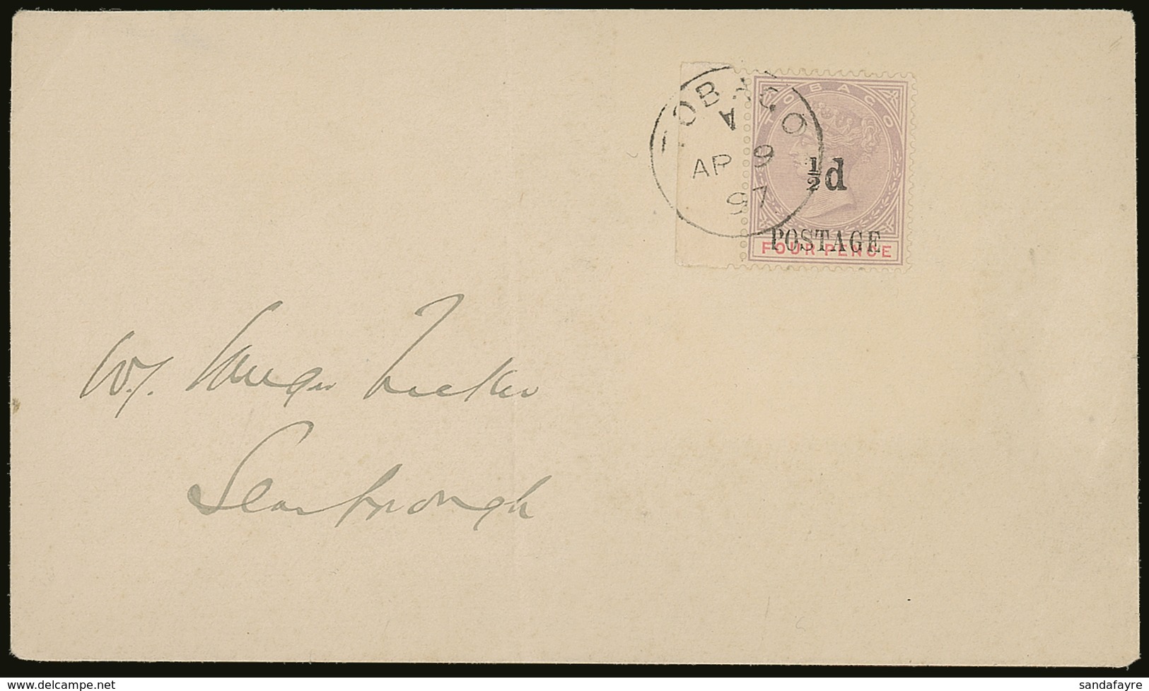 1897 ½d On 4d Lilac And Carmine, SG 33, Tied By Crisp Tobago Cds To Local Scarborough Cover With Inverted  "A" Code Cds. - Trinidad & Tobago (...-1961)