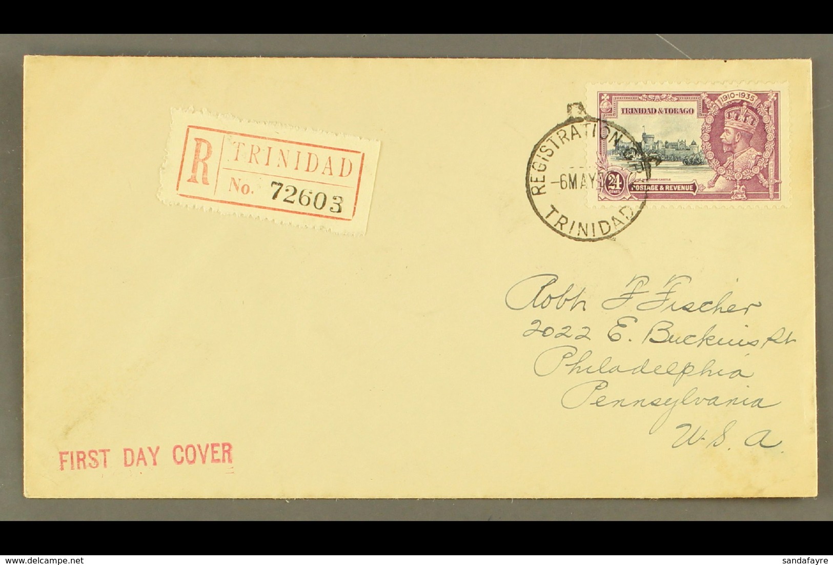 1935 24c Silver Jubilee, SG 242, Very Fine Used On Reg FDC To USA Tied By REGISTRATION GPO / TRINIDAD Cds Of 6 MAY 35. F - Trinidad & Tobago (...-1961)