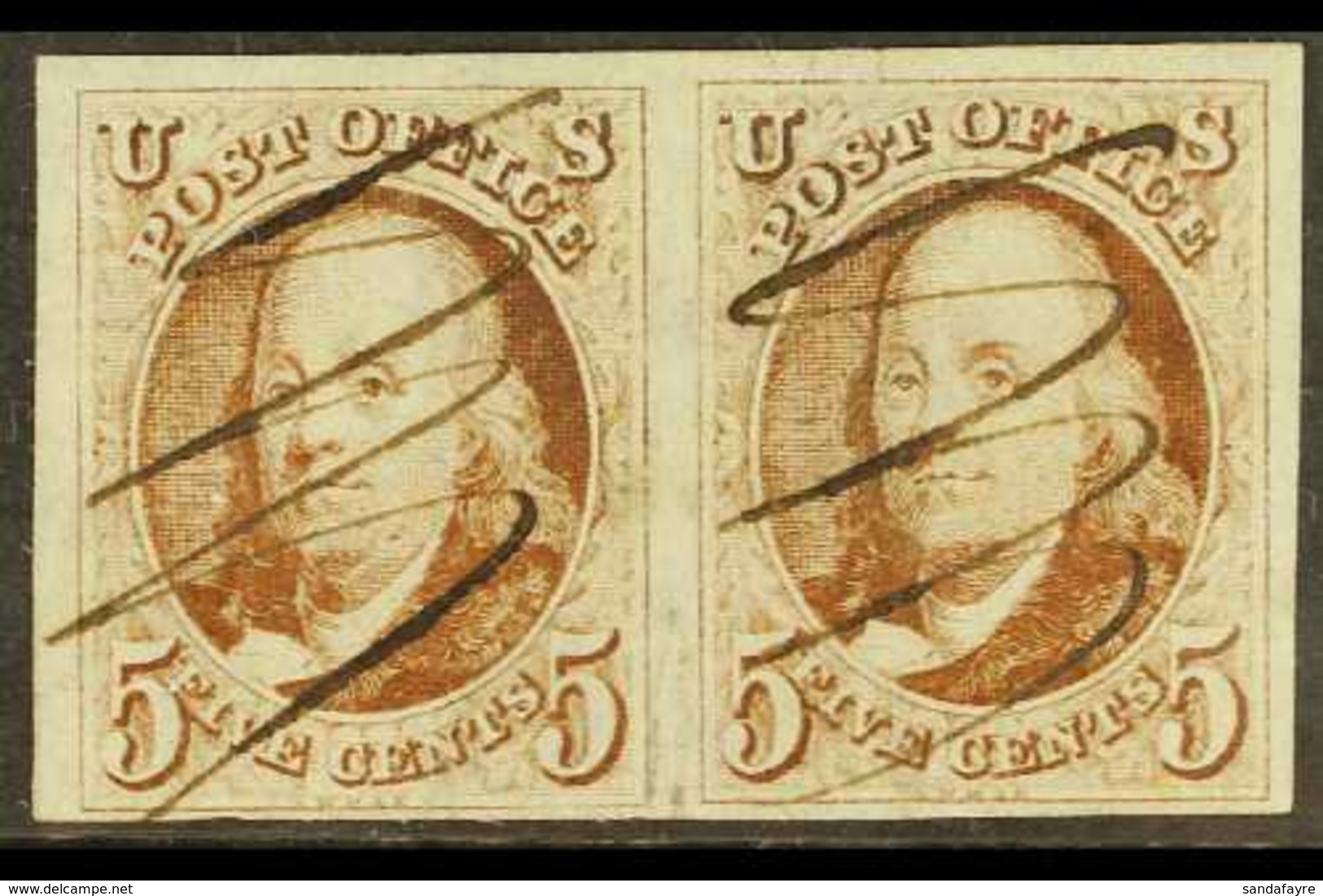 1847 5c Dark Brown Franklin, Scott 1a, An Attractive Horizontal Pair With Four Clear To Good Margins, Each With Neat Pen - Sonstige & Ohne Zuordnung