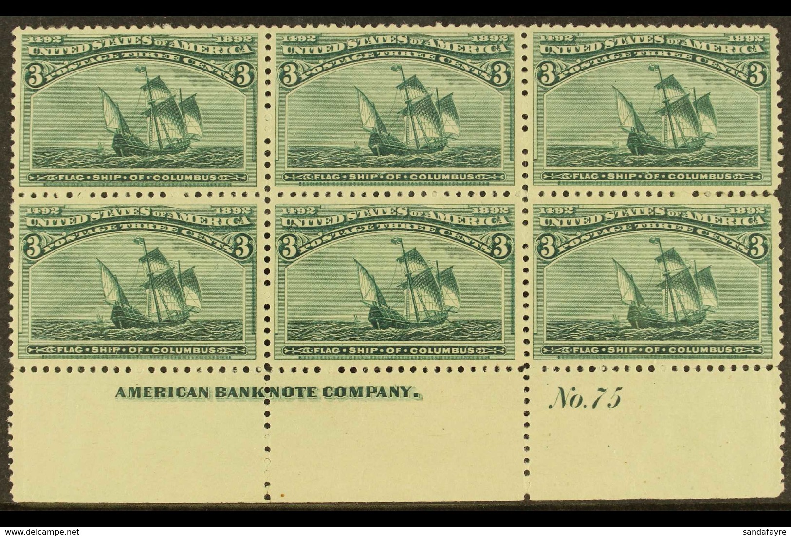 1893 3c Green Columbus, Scott 232, Fine Never Hinged Mint Lower Marginal PLATE 'No. 75' & IMPRINT 'American Bank Company - Sonstige & Ohne Zuordnung