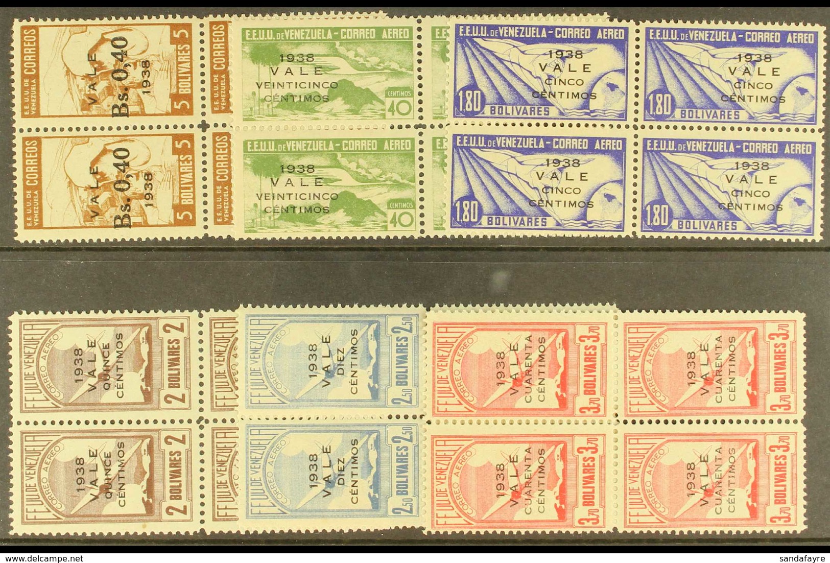 1938 "VALE" Surcharges Complete Set Including Airs (SG 536/41, Scott 345 & C114/18), Never Hinged Mint BLOCKS Of 4, Fres - Venezuela