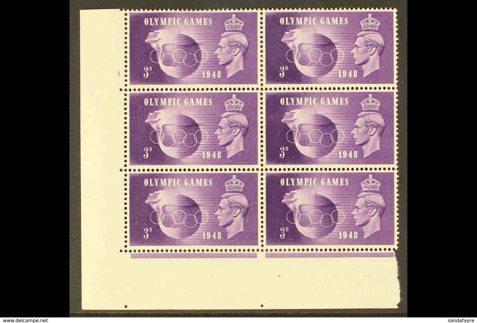 1948 OLYMPIC GAMES VARIETIES A Never Hinged Mint Cylinder Corner Block Of 6 Stamps (Cyl 1 No Dot) With R. 19/2 "Hooked 3 - Sonstige & Ohne Zuordnung