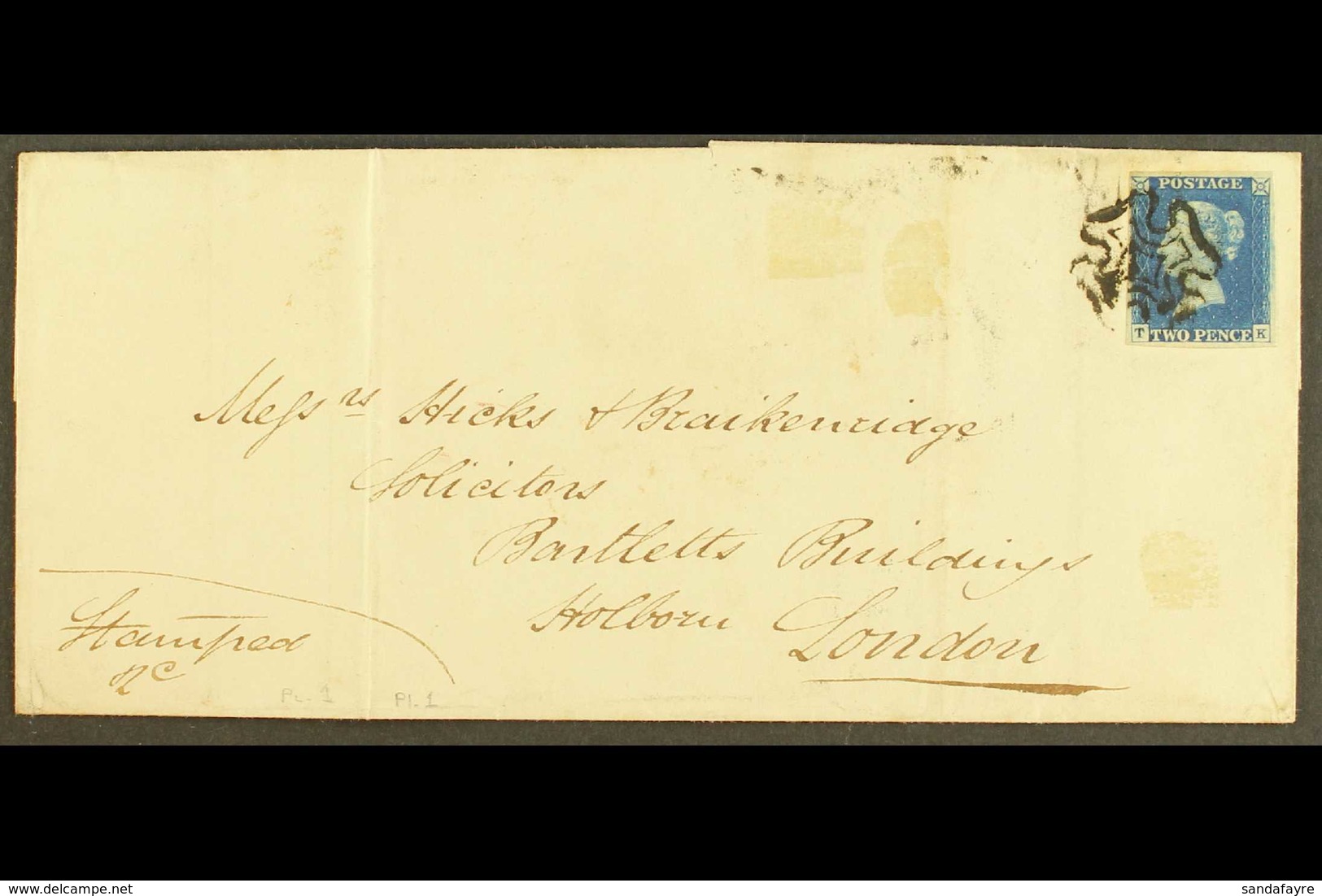 1842 (4 Feb) Entire Wrapper From Bristol To London Bearing An 1840 2d Deep Full Blue 'TK' Plate 1 (SG 4) With 4 Neat Mar - Sonstige & Ohne Zuordnung