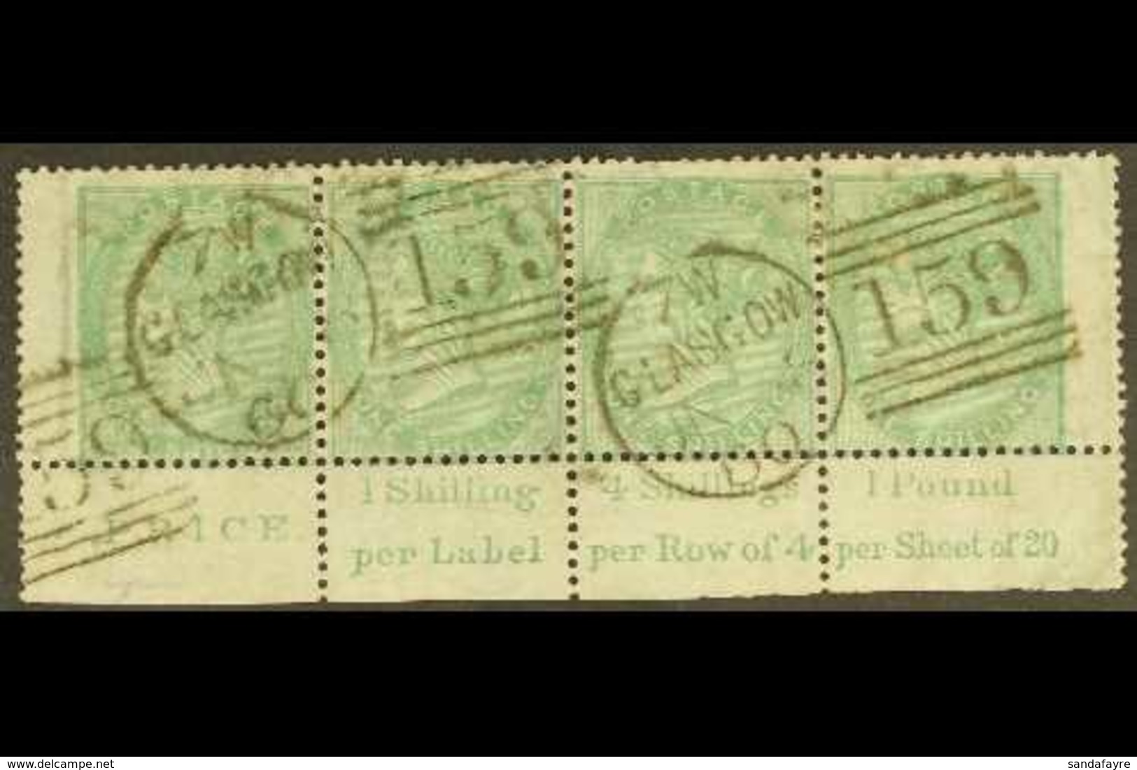 1855-7 1s Green, No Corner Letters, IMPRINT STRIP OF FOUR, SG 72, Fine Used With Glasgow Duplex Postmarks, Couple Of Blu - Sonstige & Ohne Zuordnung