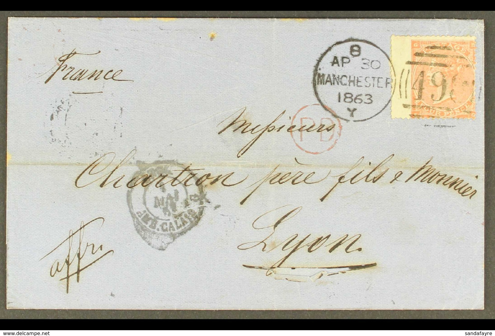 1862-4 4d Pale Red, Plate 3, Small Corner Letters, SG 80, Fine Used On 1863 Cover To France, Manchester Duplex Postmark, - Other & Unclassified