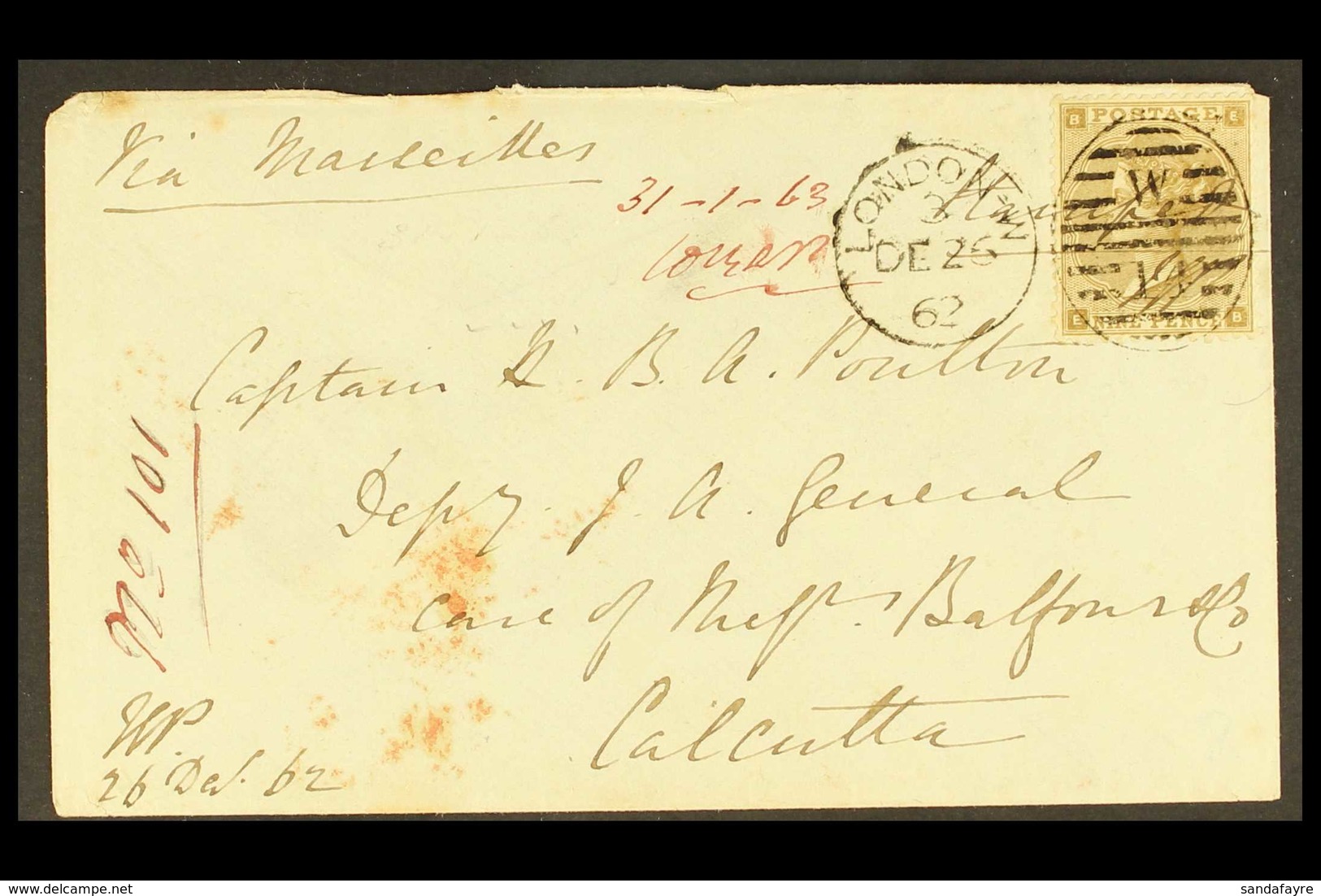 1862-4 9d Bistre, Plate 2, Small Corner Letters, SG 86, Single Franking Used On 26th December 1862 Cover To Calcutta, In - Other & Unclassified