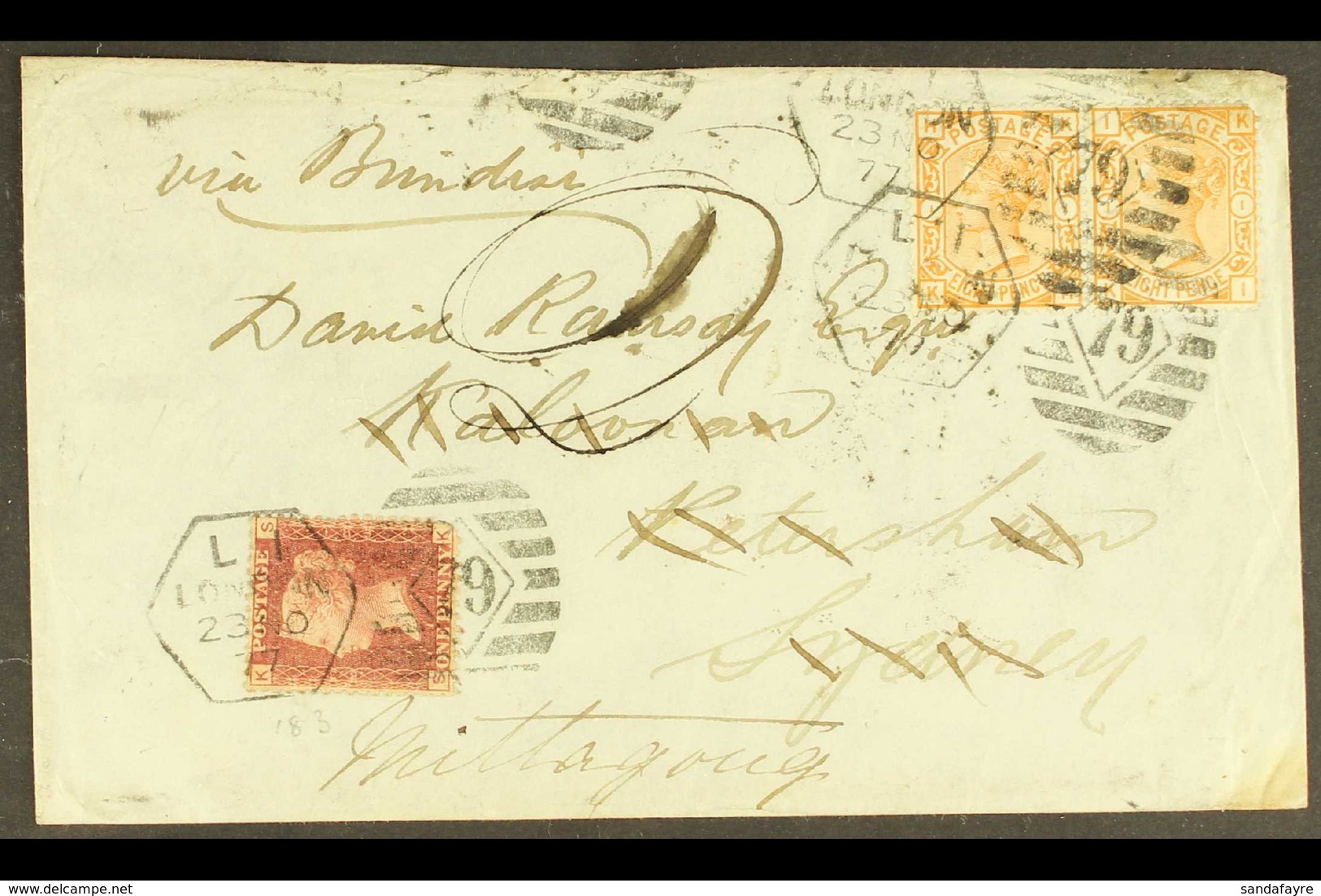 1873-80 8d Orange PAIR, SG 156, Used On 1877 Cover To Australia With Additional 1d Red Franking Making 1s5d Rate, London - Sonstige & Ohne Zuordnung
