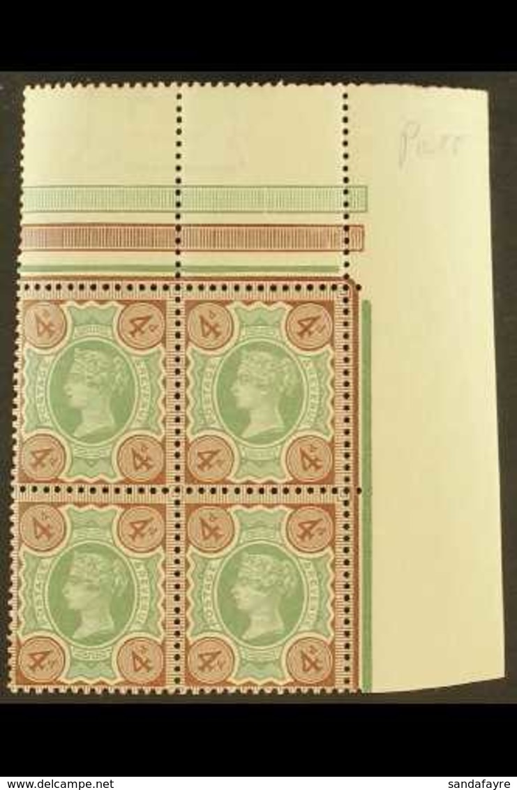 1887 4d Green And Purple- Brown "Jubilee", SG 205a, Never Hinged Mint BLOCK OF FOUR From The Upper- Right Sheet Corner.  - Autres & Non Classés