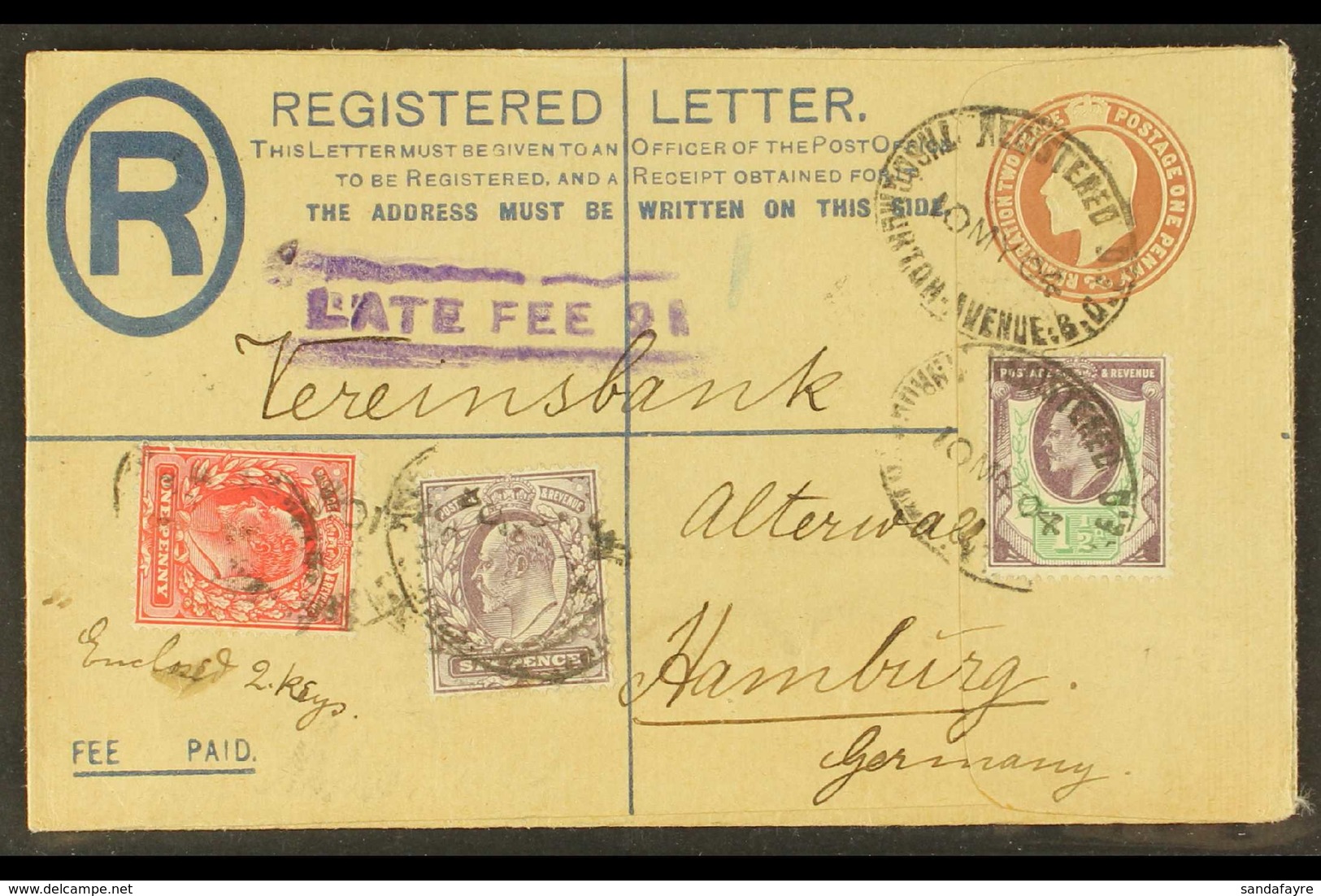 1904 (10 May) 3d Postal Stationery Registered Letter To Germany Uprated With 1d, 1½d & 6d Stamps Tied By "Thogmorton Ave - Non Classés