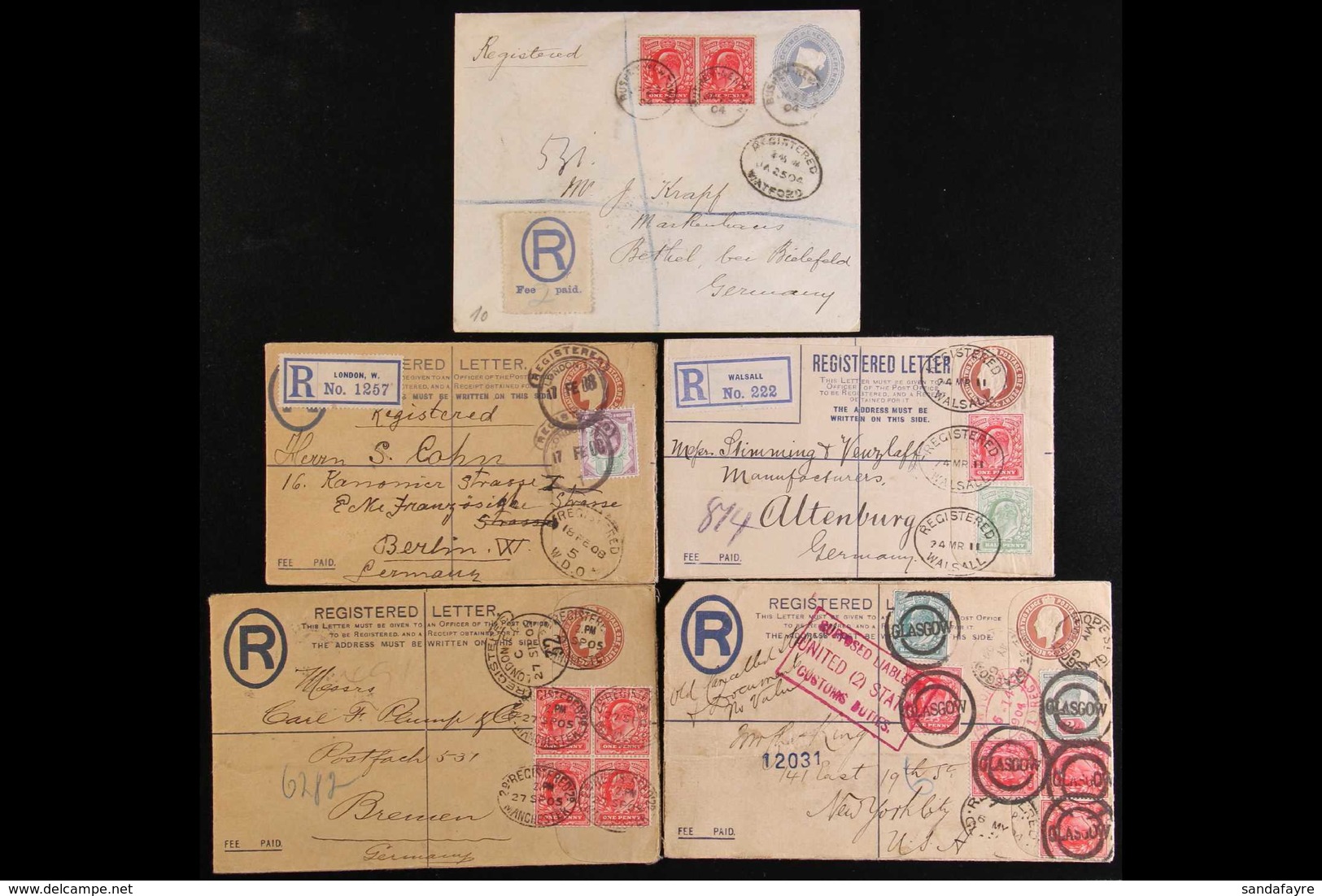 1904-1911 UPRATED REGISTERED LETTERS. An Interesting Group Of Postal Stationery Registered Letters Addressed To Germany  - Ohne Zuordnung